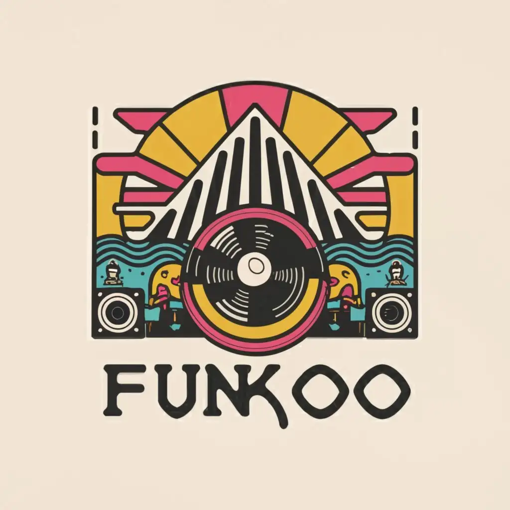 a logo design,with the text "Funkoo", main symbol:Vinyl record  japan obi rétro vintage fuji mount,complex,clear background
