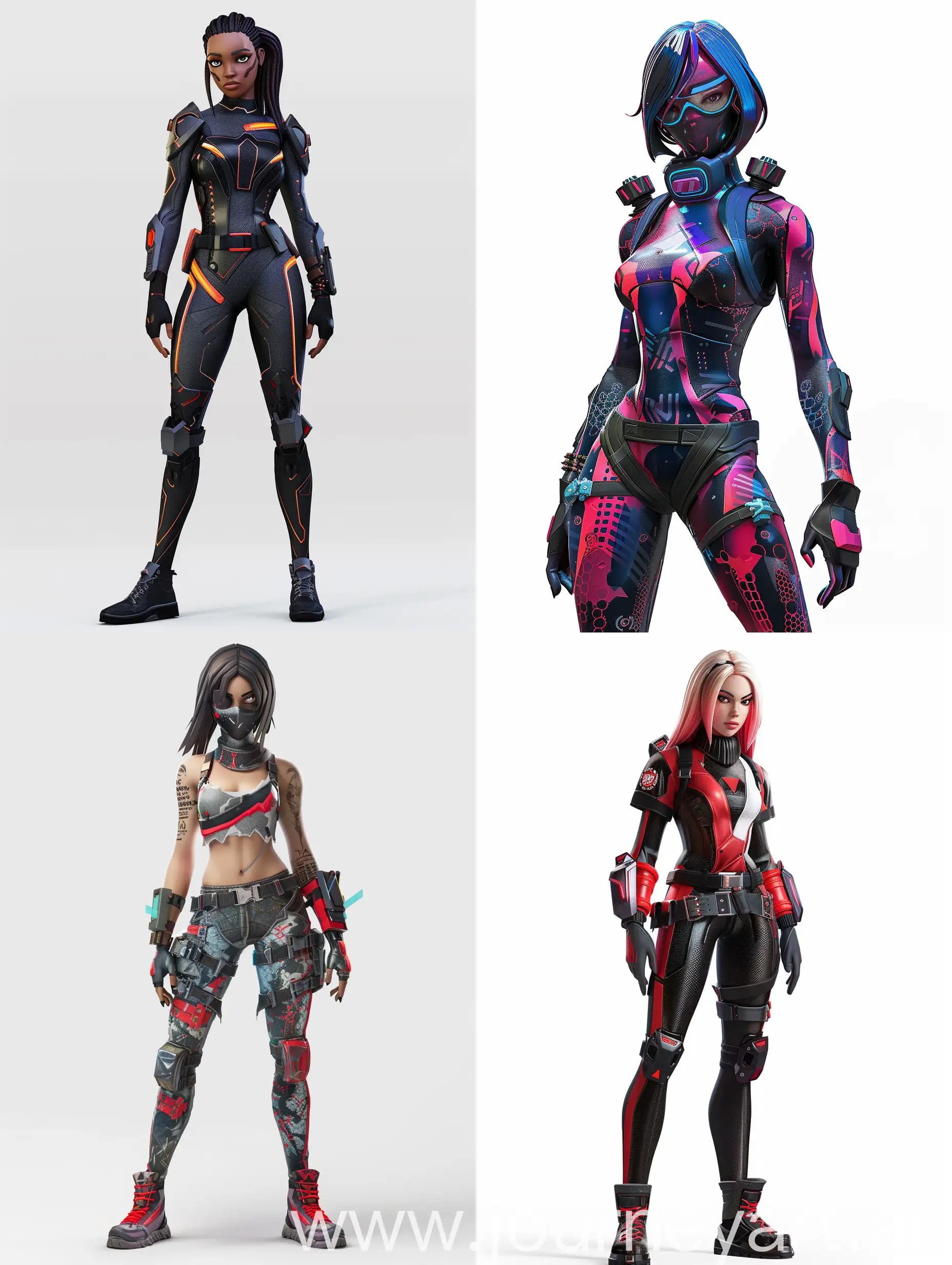 is Rebecca cyberpunk as a fortnite character, 3d realistic render, full body image, white background, character design