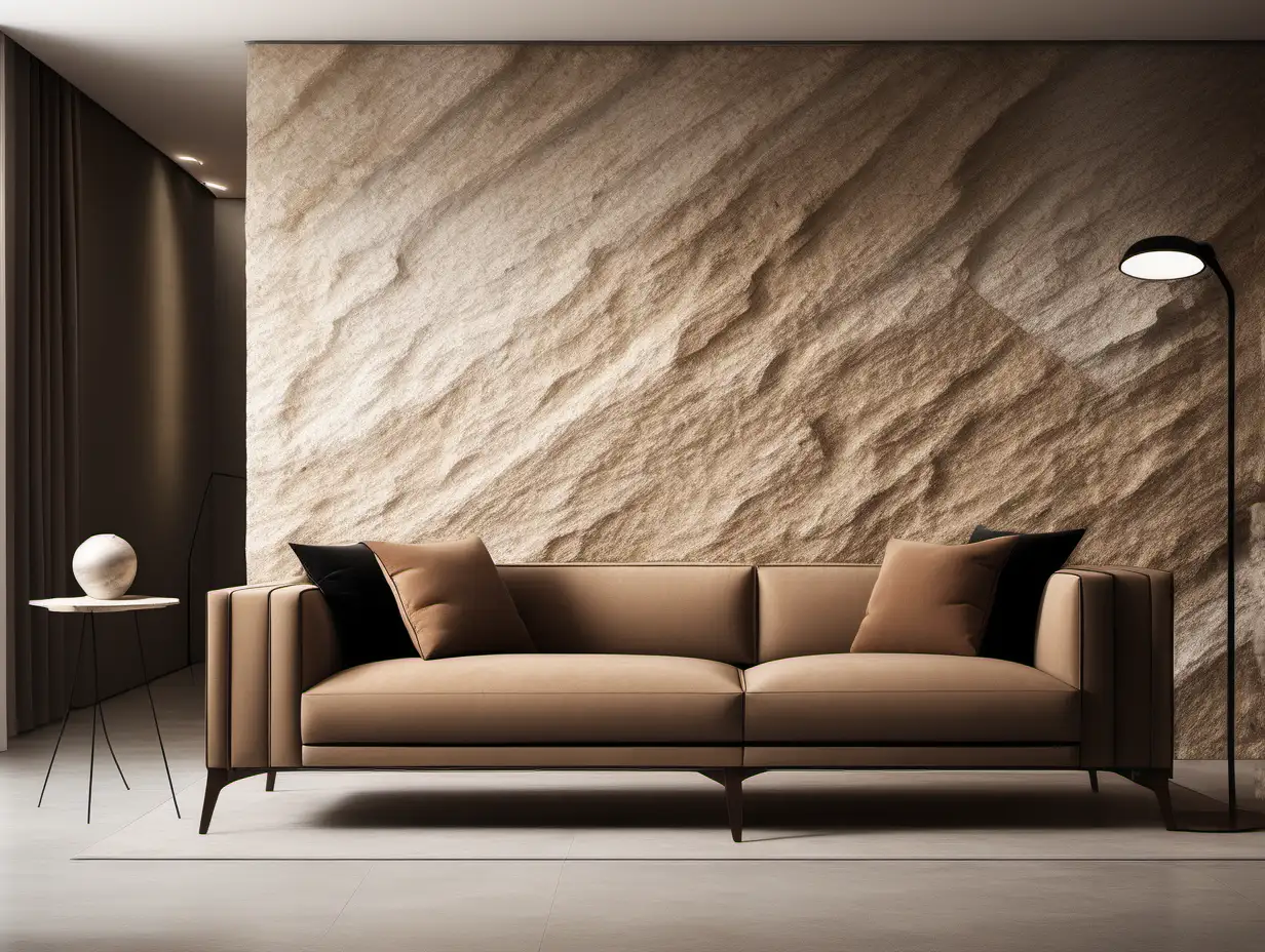 Commercial Photography, modern minimalist living room interior with  brown sofa, SINTERED STONE wall and floor lamp.