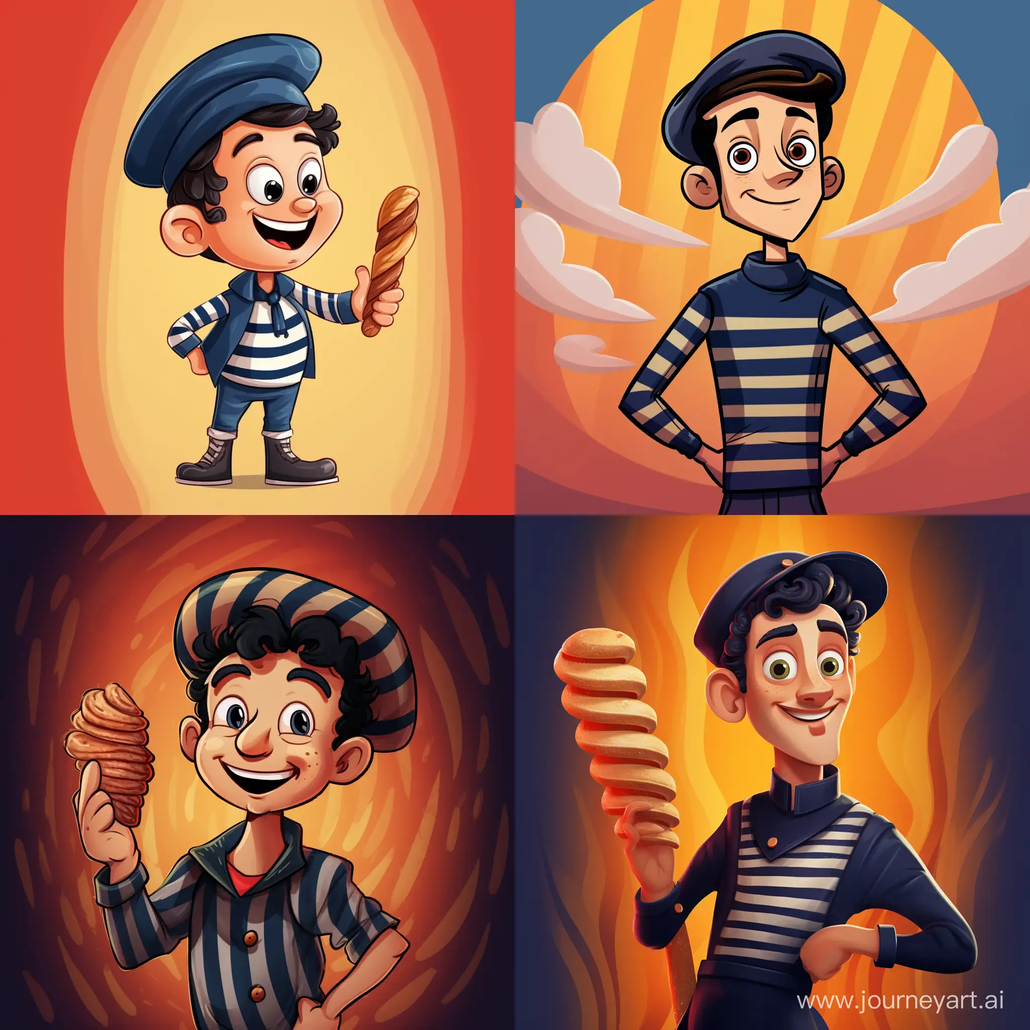 In a drawing cartoon art style. A character who is a caricature of the Frenchman with a baguette under his arm. The character has a beret and a striped sweater, in Pixar style