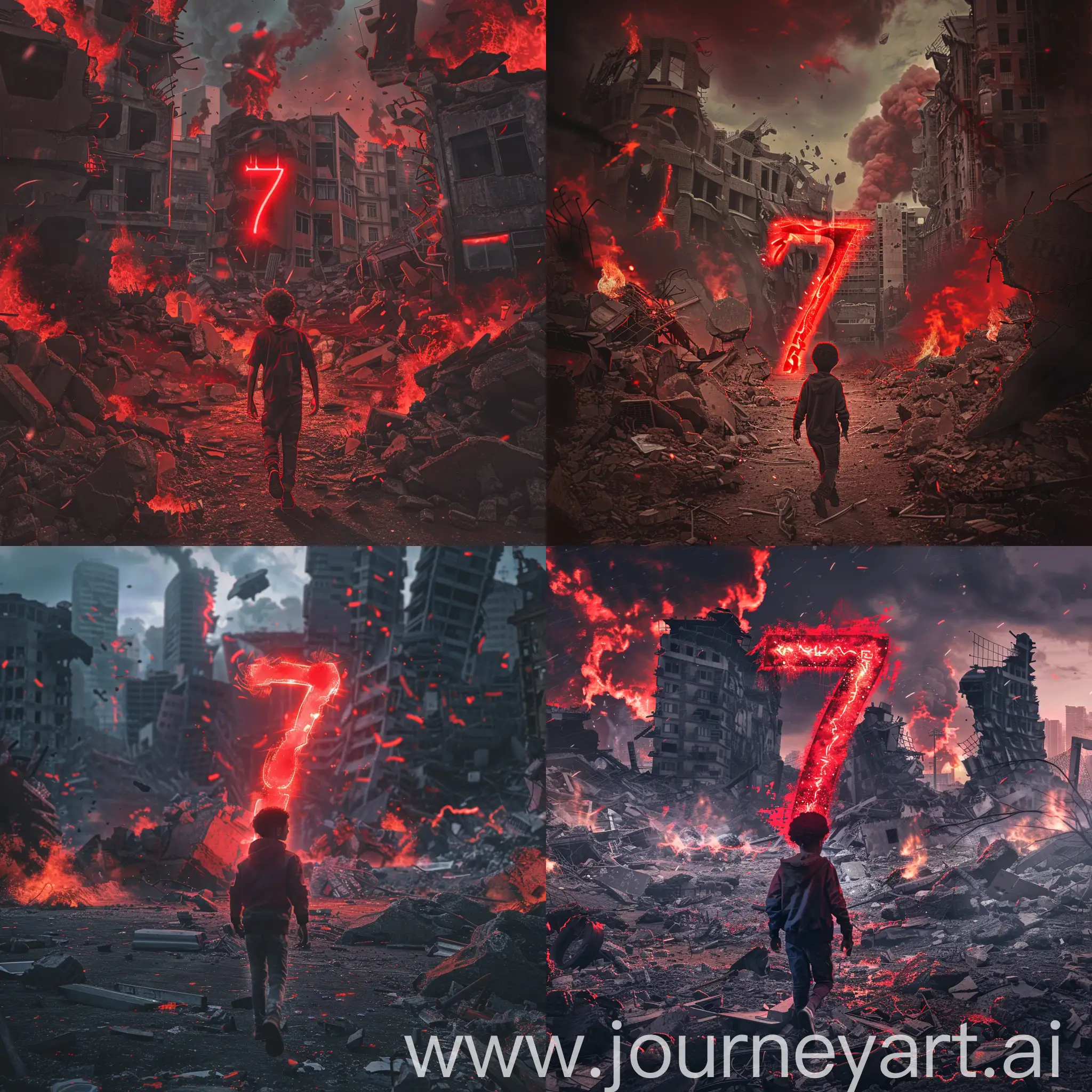 Please create a realistic image of the end of the world and buildings are crumbled and there are red flames everywhere and a black teenage kid is walking torwards a glowing red number 7 that looks good and is going going to give him powers