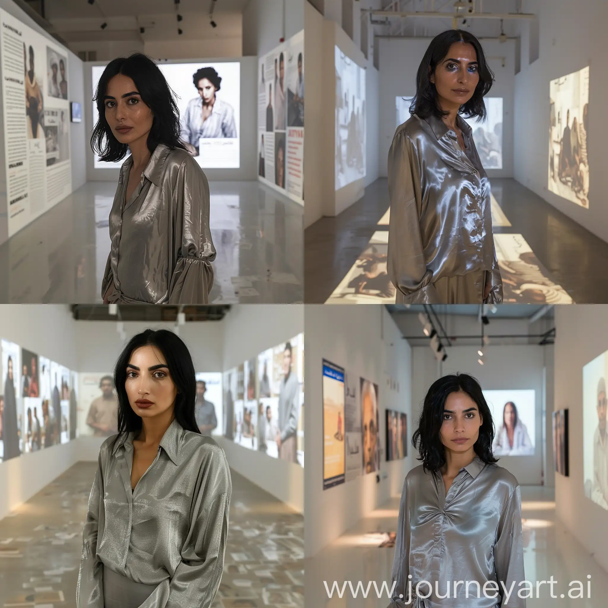 Empathetic-Arab-Woman-Surrounded-by-Tunisian-Poverty-Projections-in-Gallery