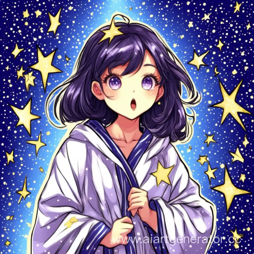Cute girl, in a starry robe, streamer, outraged face