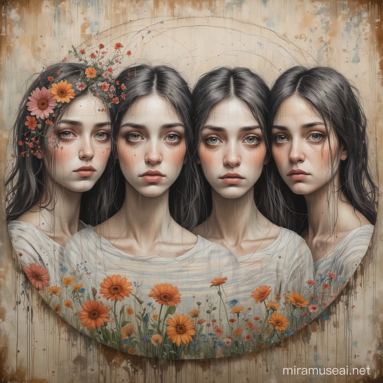 Eerie Mixed Media Painting Three Women with Flowers in Distressed Background