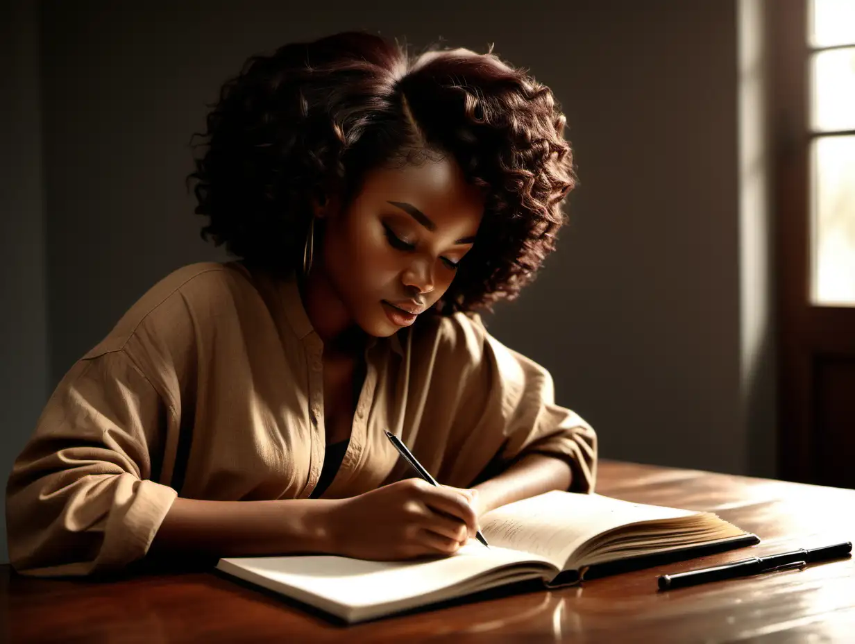 Imagine a gorgeous realistic black female writing in a journal