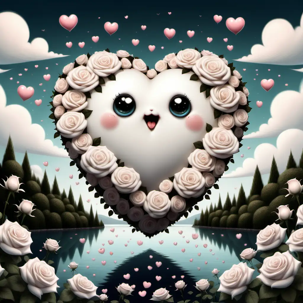 Whimsical Valentines Day Scene Cute Fat Heart and Funny Creatures with Roses