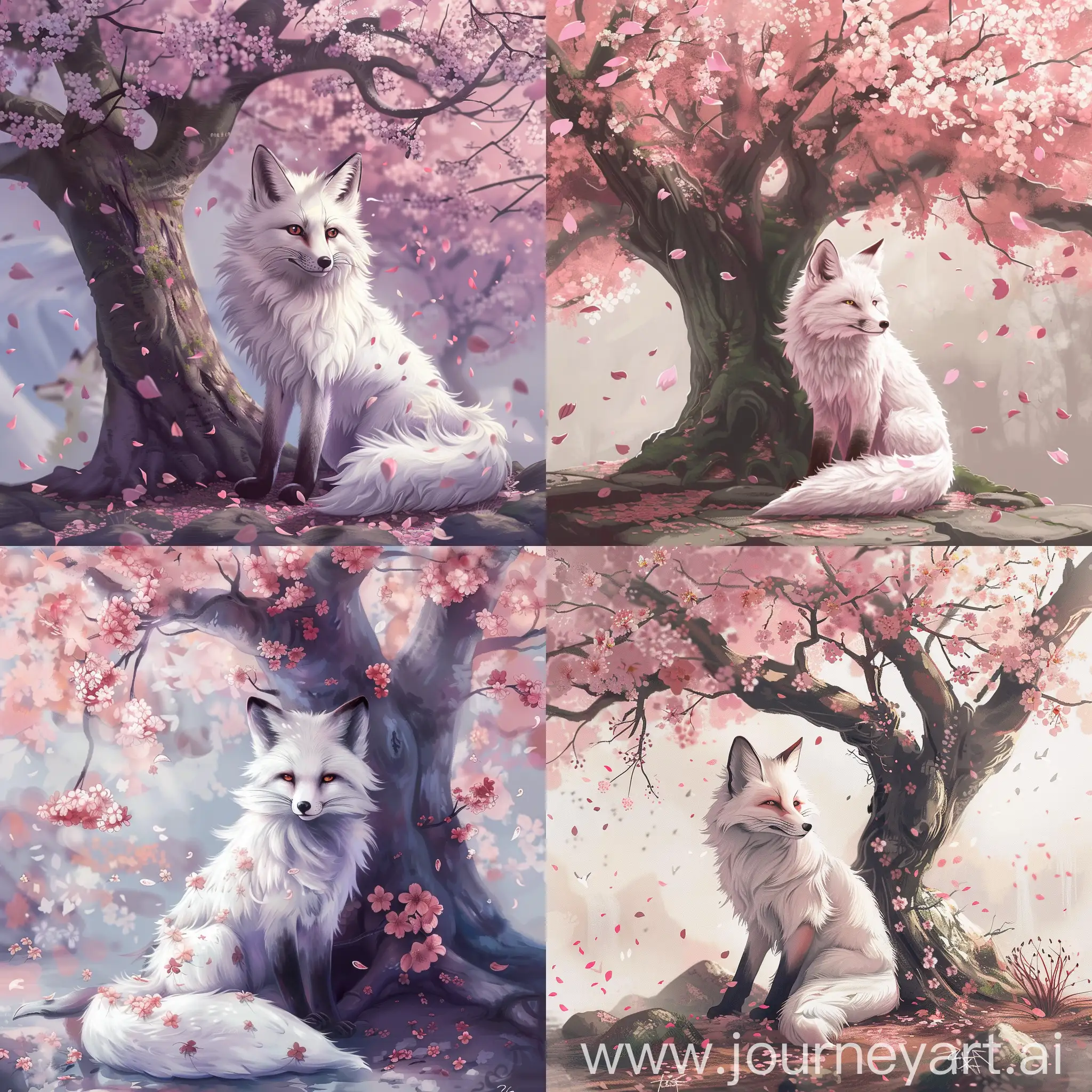 A digital painting of a white nine-tailed fox sitting under a cherry blossom tree, highly detailed,  