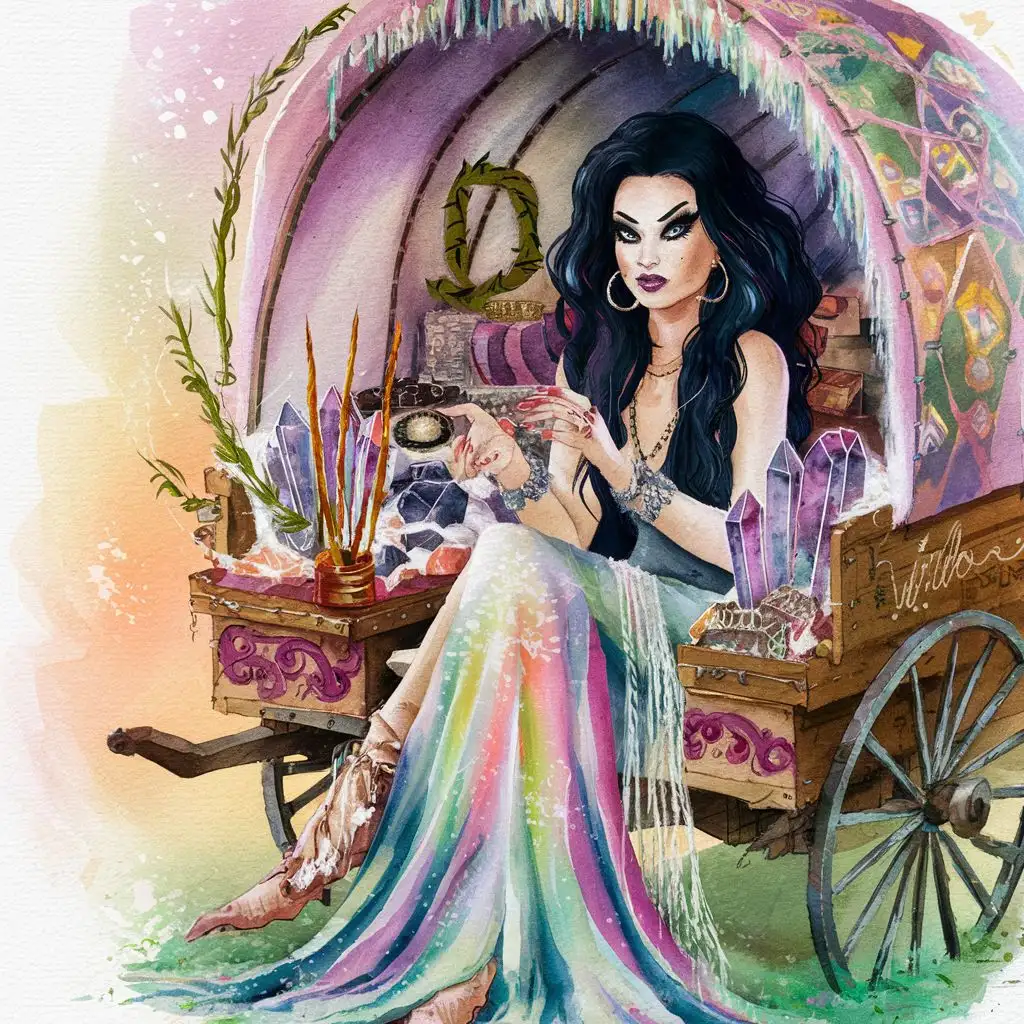 a pastel colour watercolour painting  , a dark haired woman with eyeliner & mascara selling crystals & incense & long dresses  in a gypsy wagon, , letters  Folk Willow comau