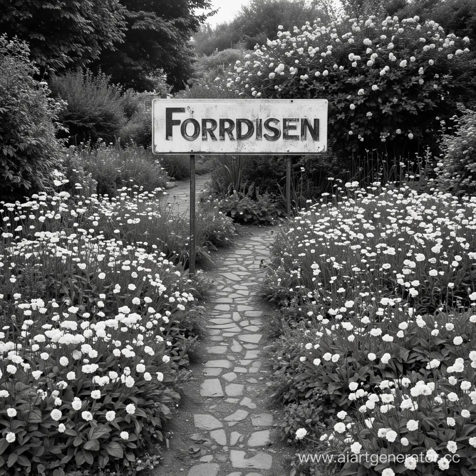 Черно-белое изображение цветущего сада, посередине знак запрещается