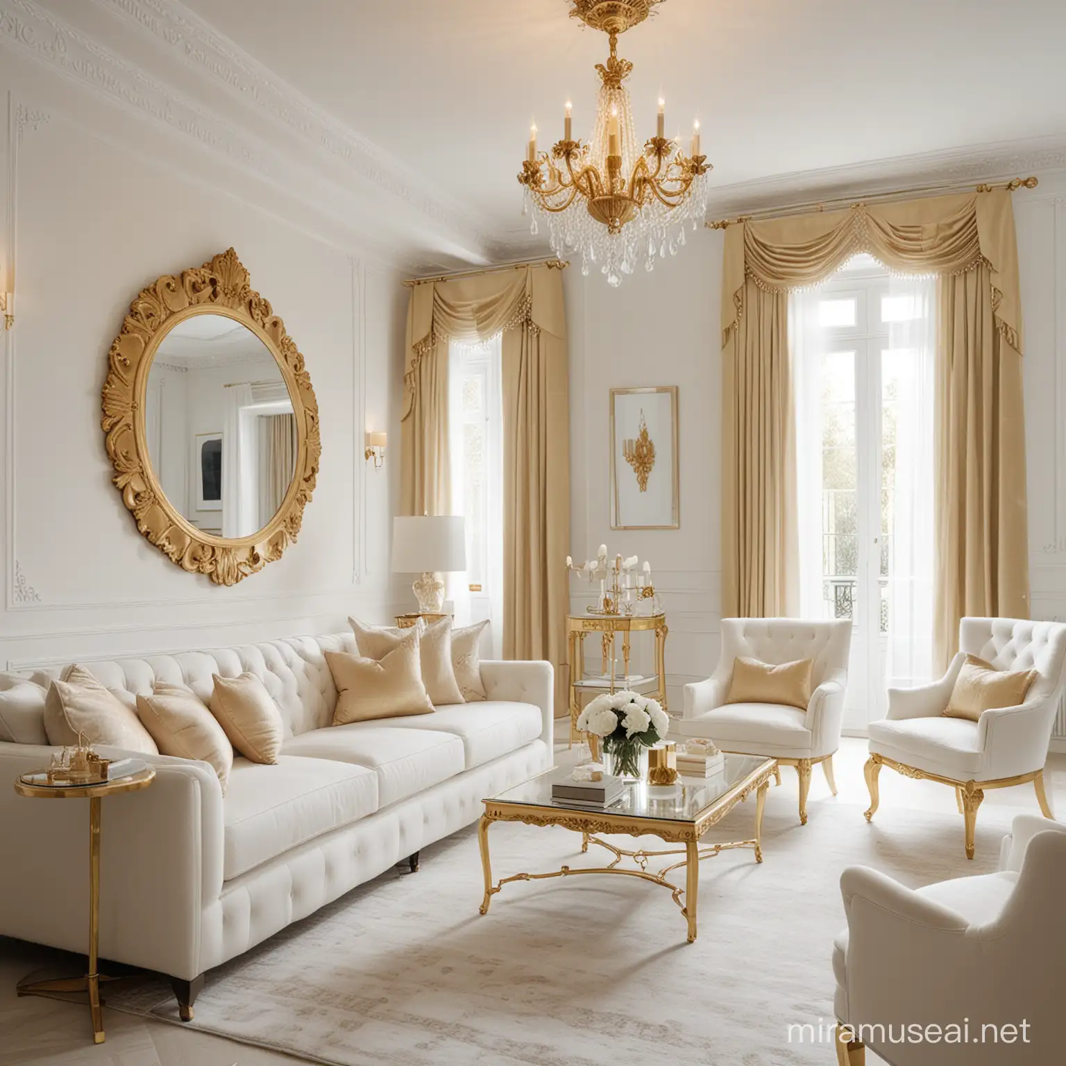 Luxury white and gold living room fully furnished, feminine flair