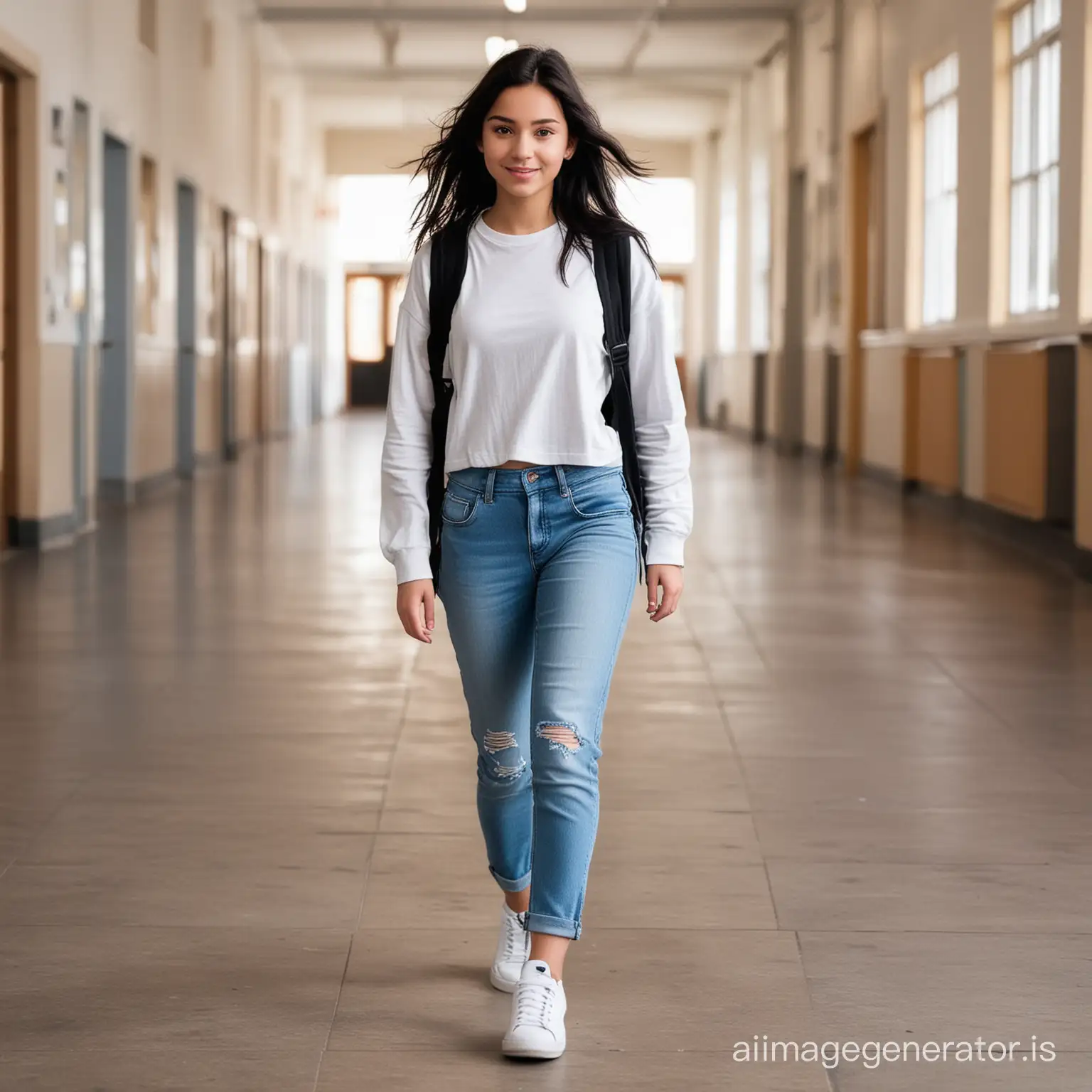 Most cute raven haired sixteen years old girl walking in school floor in casual street wear 