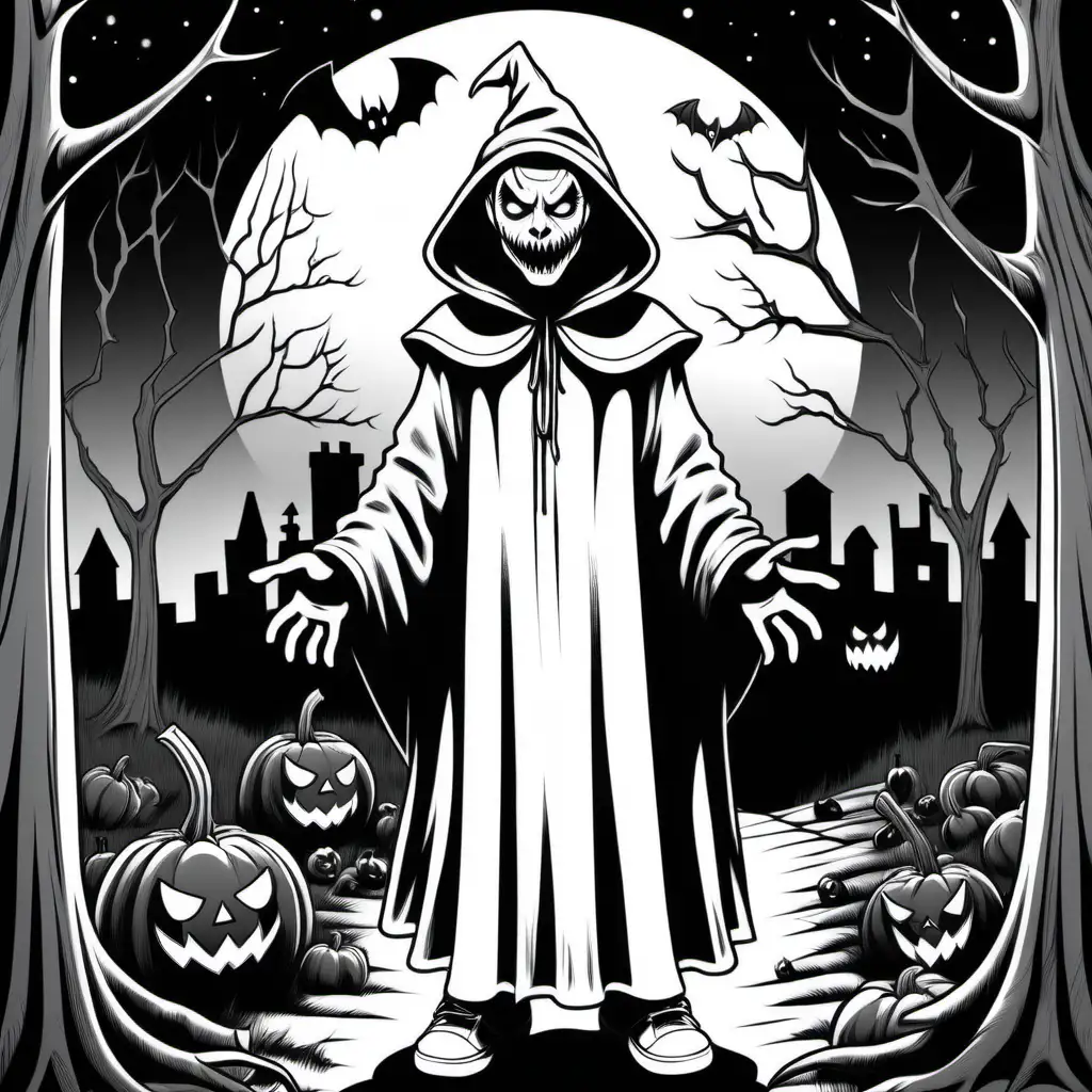 a simple black and white coloring book outline of older teen in scary costume at twilight, for coloring 