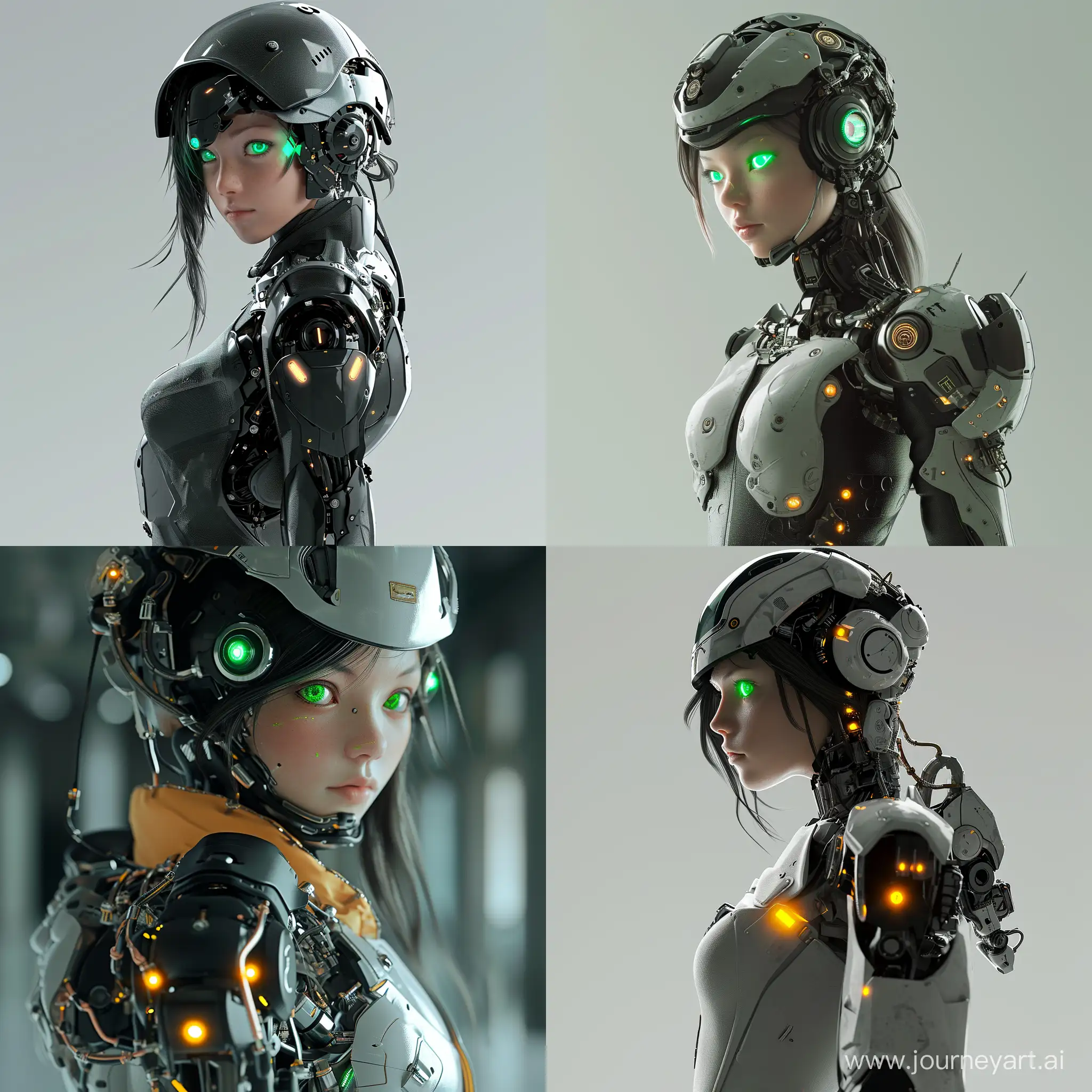 1girl, android, arm cannoncyberpunk, cyborg, glowing, green eyes, helmet, humanoid robot, joints, looking at viewer, mecha musume, mechanical parts,power armor, robot, robot joints, science fiction, solo, standing