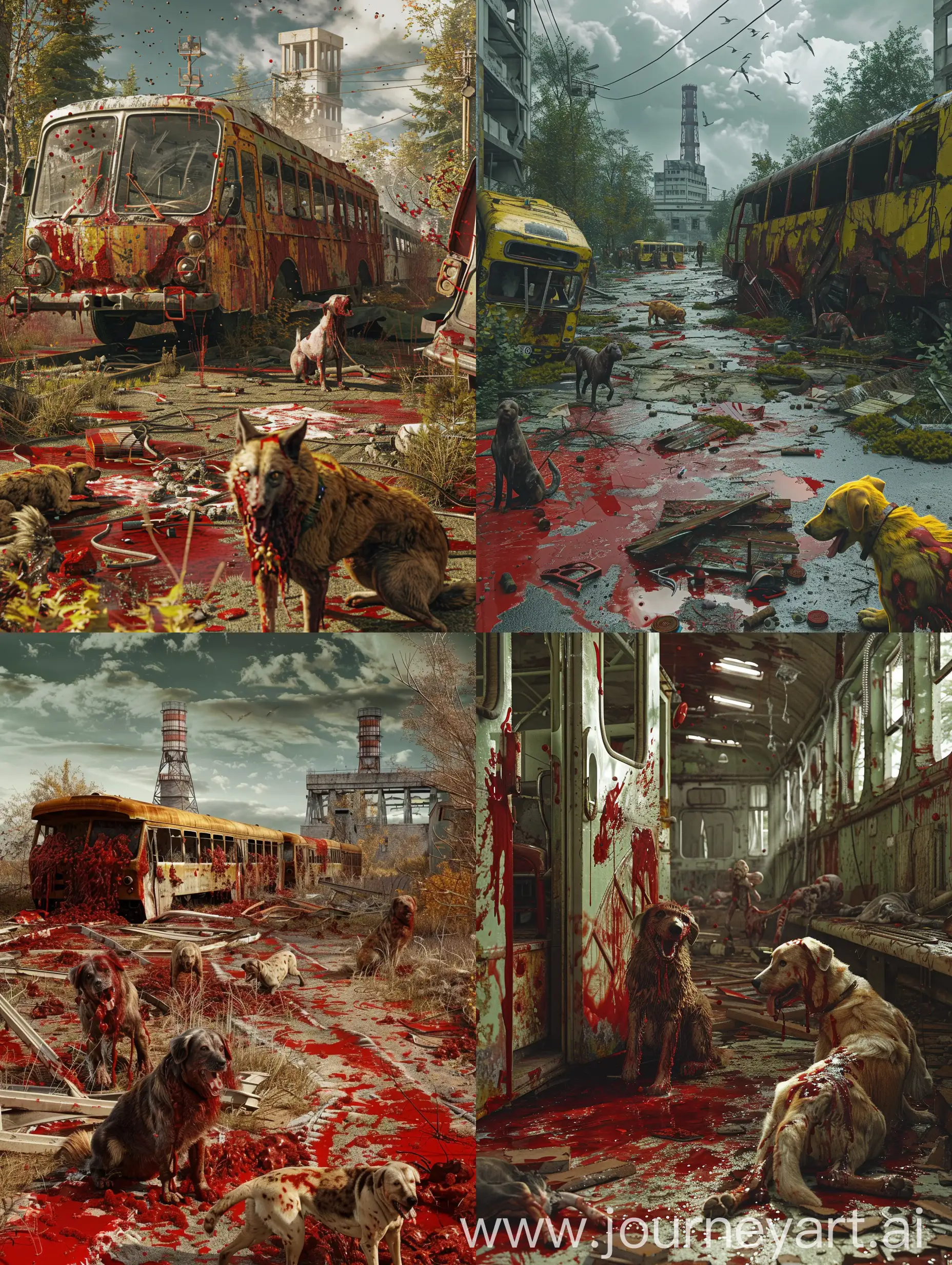 stalker, chernobyl, blood everywhere, zombies, dogs, destroyed transport, scary, Chernobyl nuclear power plant