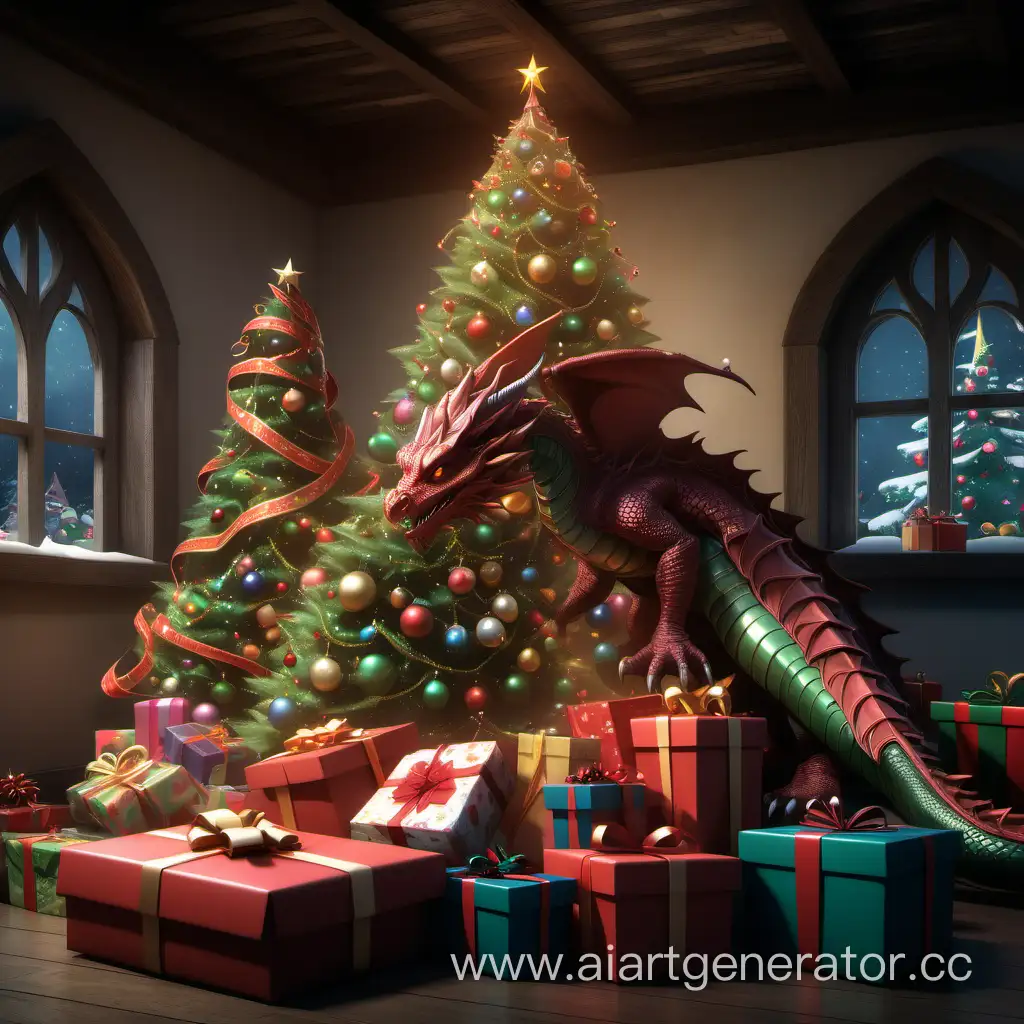 Большая украшенная новогодняя ёлка, под ней лежит куча подарков и рядом свернулся и спит дракон 