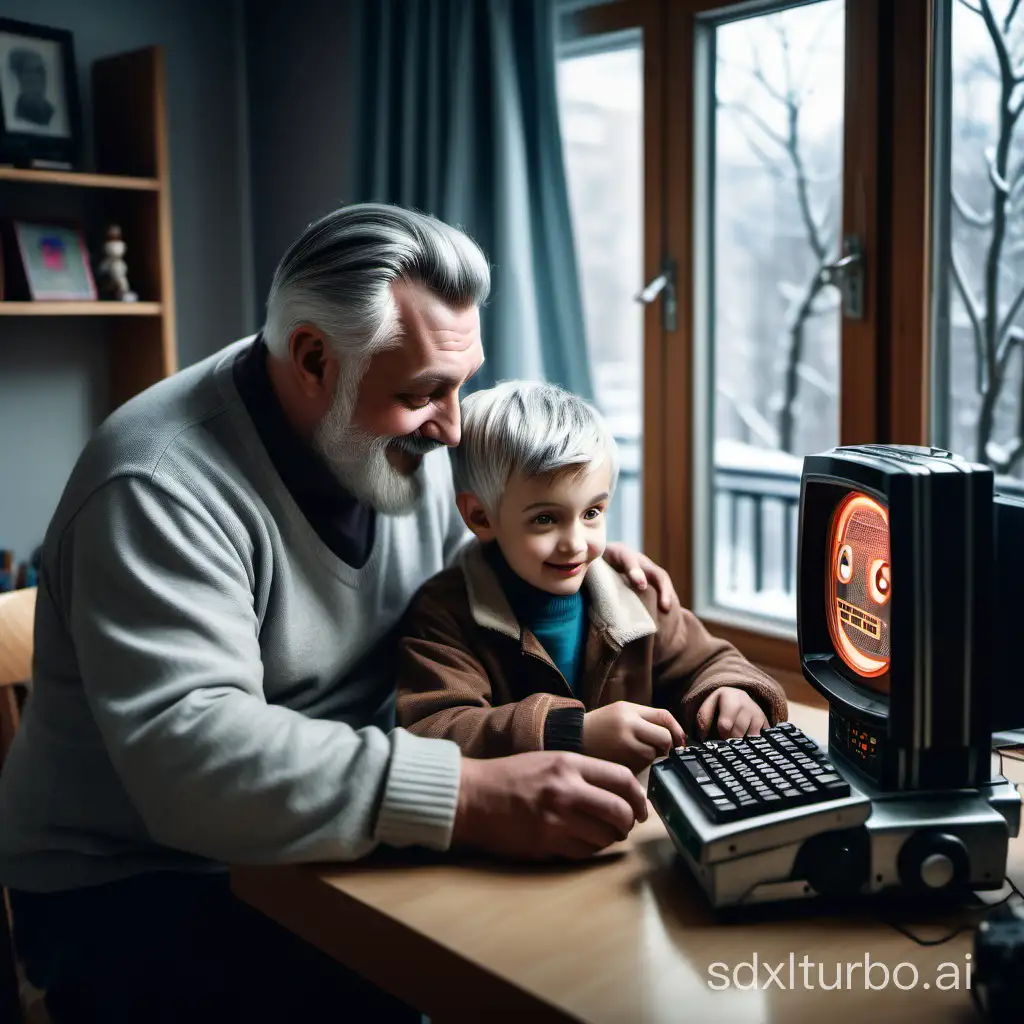 middle aged masculine slightly overweight older Slavic father with his kid sitting at a desk fixing a cute little robot together. The desk has a retro computer with oval CRT Monitor, many retro electronics, stacks of papers and books. The kid is smiling. Father has silver hair stubble and mustache. Old Soviet Apartment. Winter, tall brutalist buildings outside window. Window has curtains. hyperrealistic, detailed, highly detailed, cinematic lighting, stunningly beautiful, intricate, sharp focus, f/1.8, 85mm, (centered image composition), (professionally color graded), ((bright soft diffused light)), volumetric fog, trending on instagram, trending on tumblr, HDR 4K, 8K