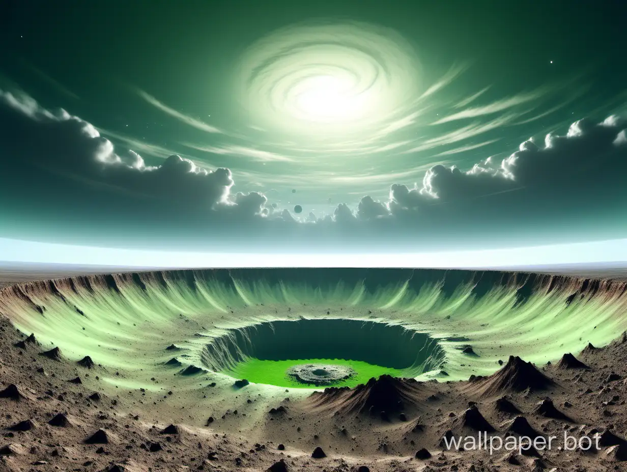 Desolate planetary landscape with a crater under the gently green sky with rare clouds