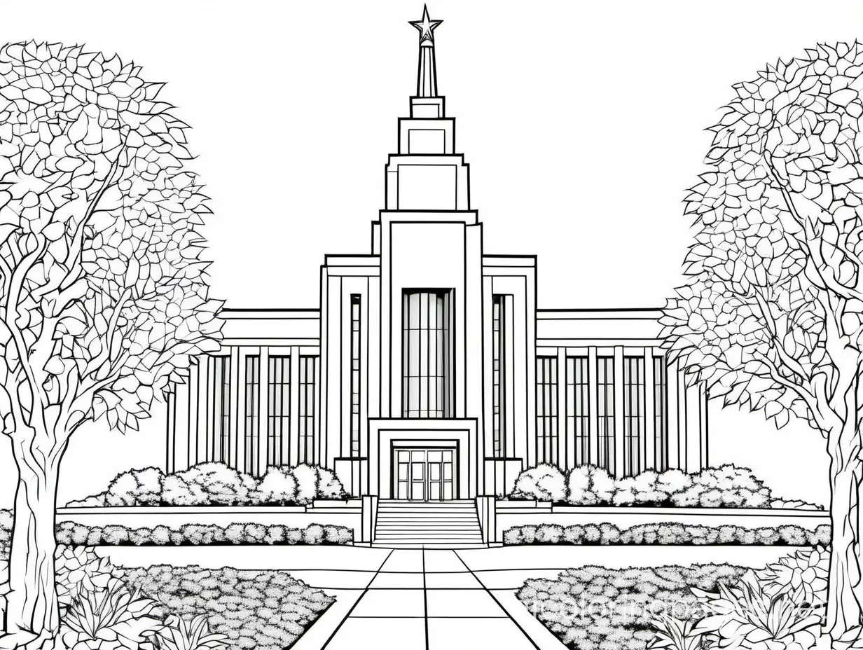 Dallas temple
, Coloring Page, black and white, line art, white background, Simplicity, Ample White Space. The background of the coloring page is plain white to make it easy for young children to color within the lines. The outlines of all the subjects are easy to distinguish, making it simple for kids to color without too much difficulty