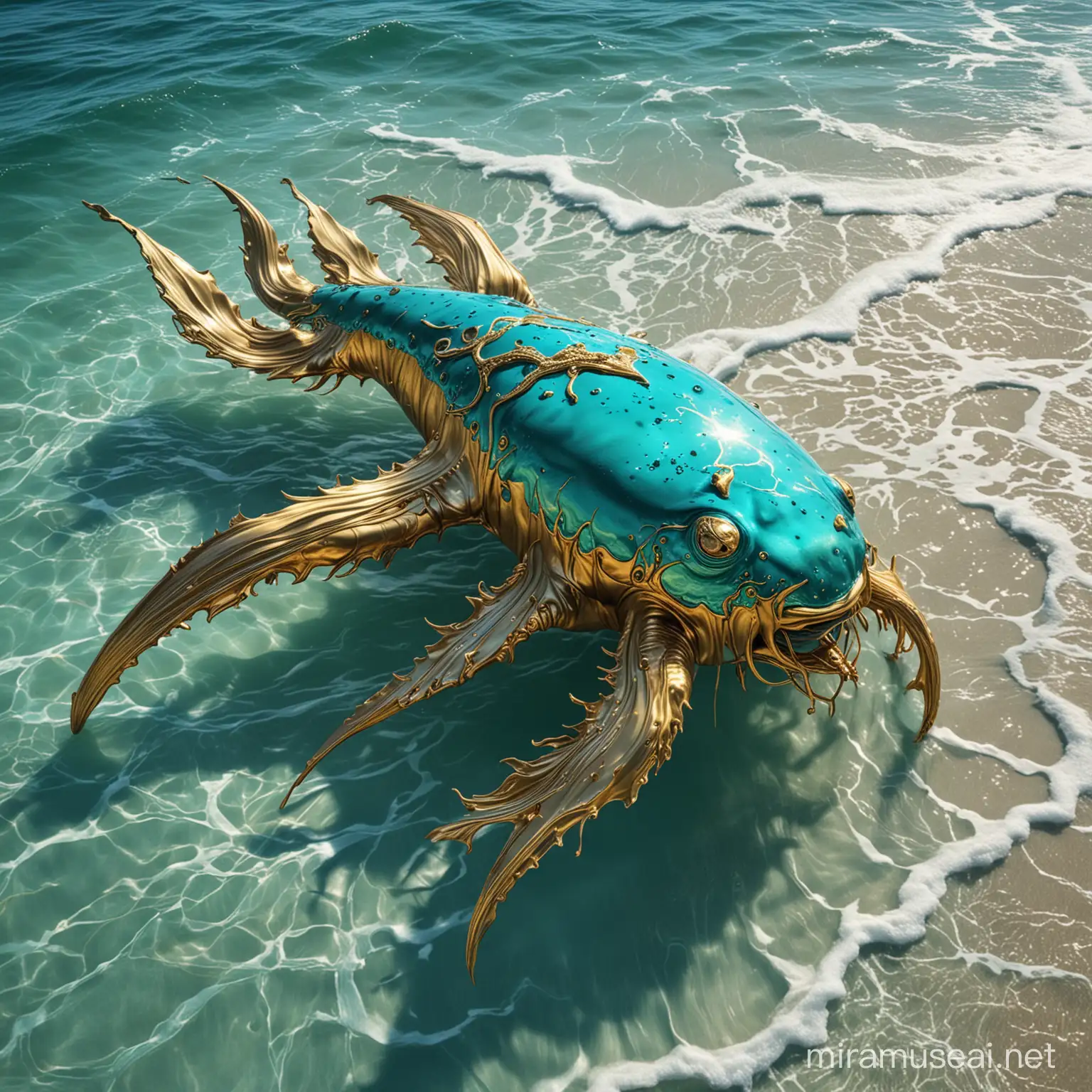 Surrealistic Turquoise Ocean Creature in Liquid Gold