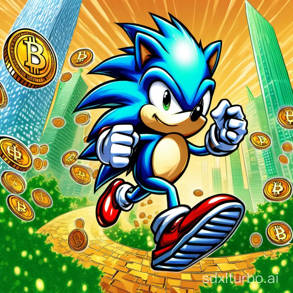 supersonic the hedgehog running round a loop in emerald city collecting bitcoins