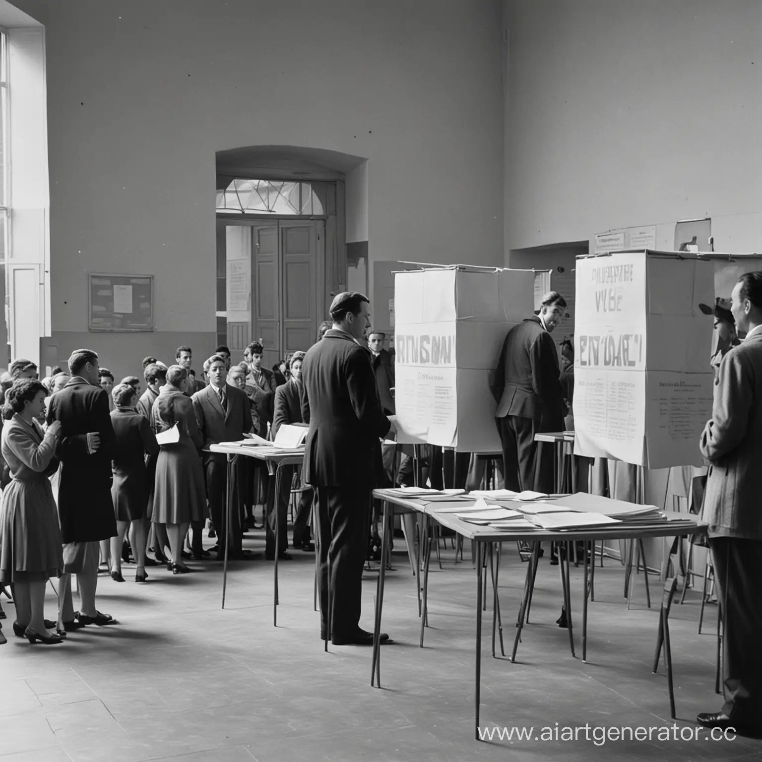 1950-French-Elections-Vibrant-Polling-Station-Scene