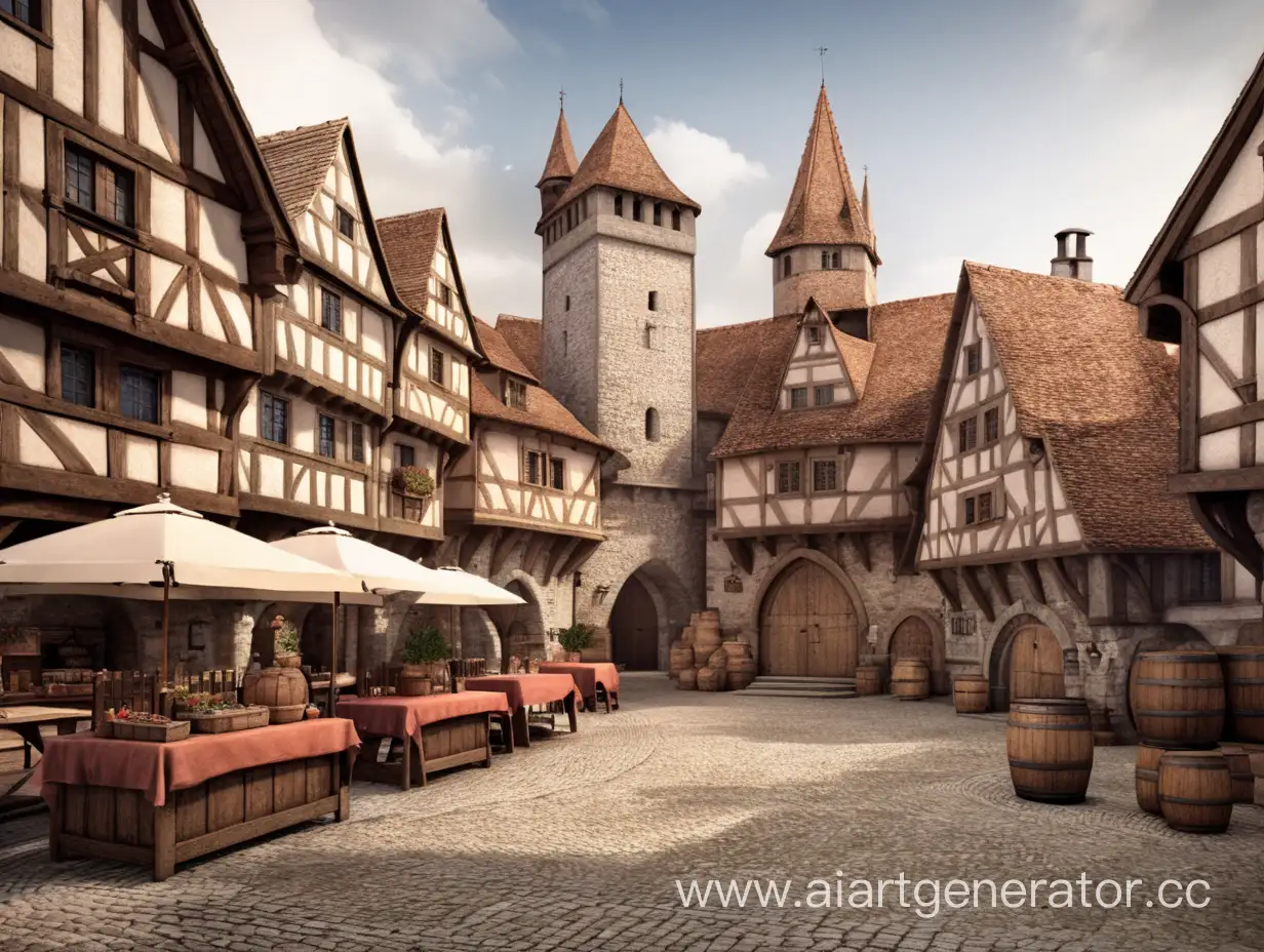 Medieval-Town-Center-Illustration-with-Intricate-Architecture-and-Bustling-Market-Square