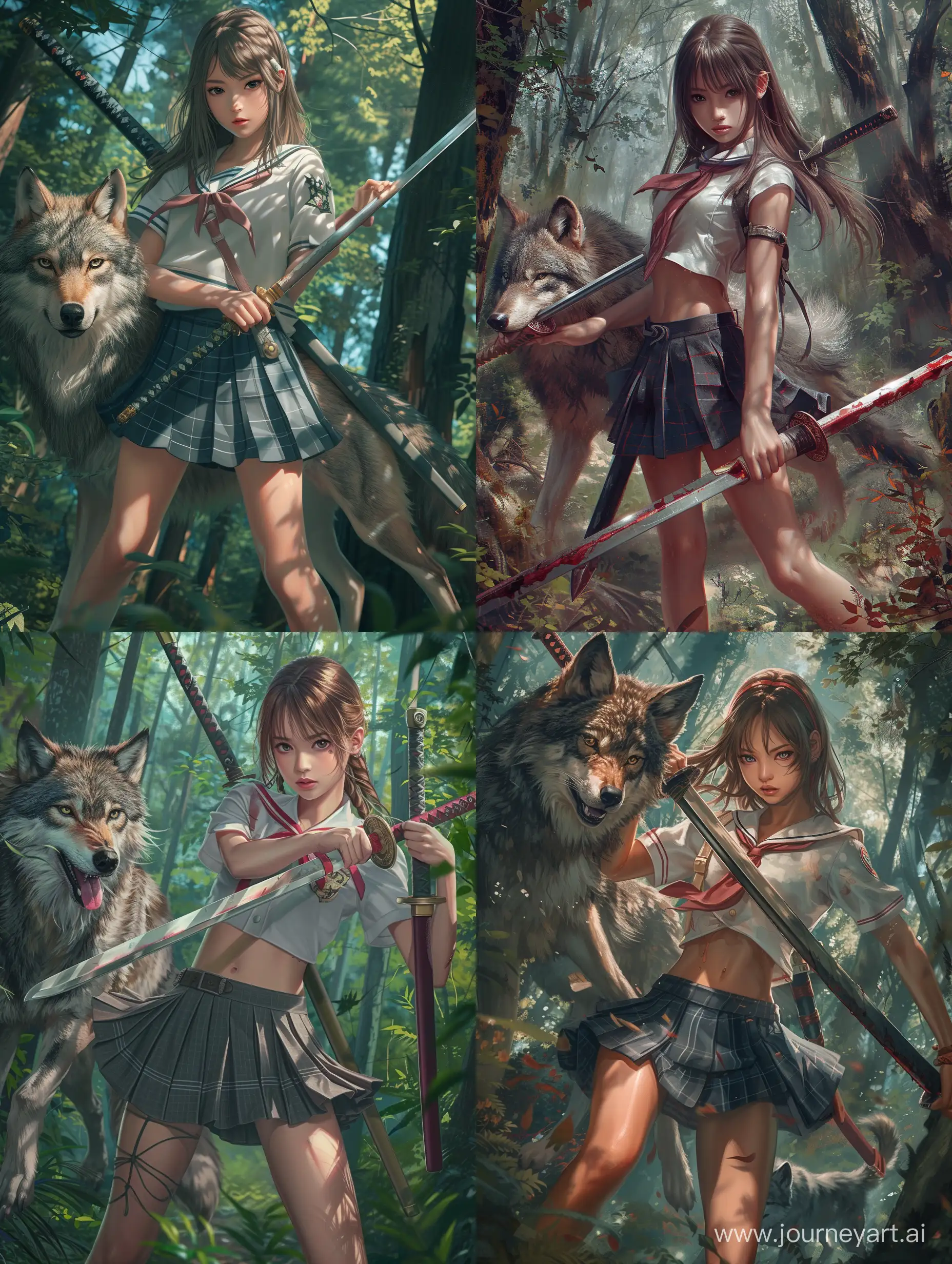 High-School-Girl-with-Sword-and-Wolf-in-Detailed-Forest-Scene