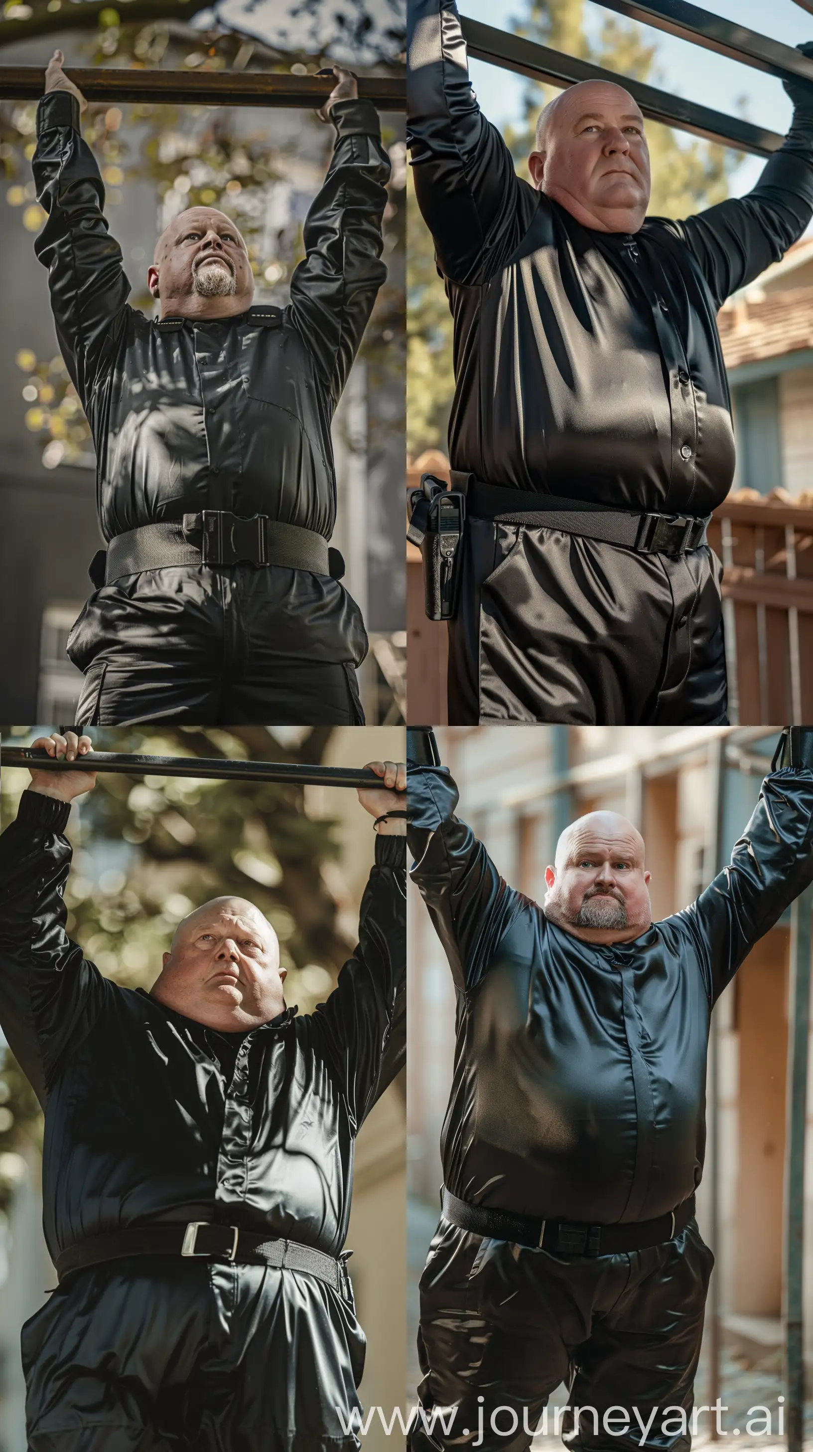 Close-up chest-level full body photo of a fat man aged 60 wearing a silk black security guard skinny-fitted full coverall. Black tactical belt. Hanging by the hands from a bar. Outside. Bald. Clean Shaven. Natural light. --style raw --ar 9:16