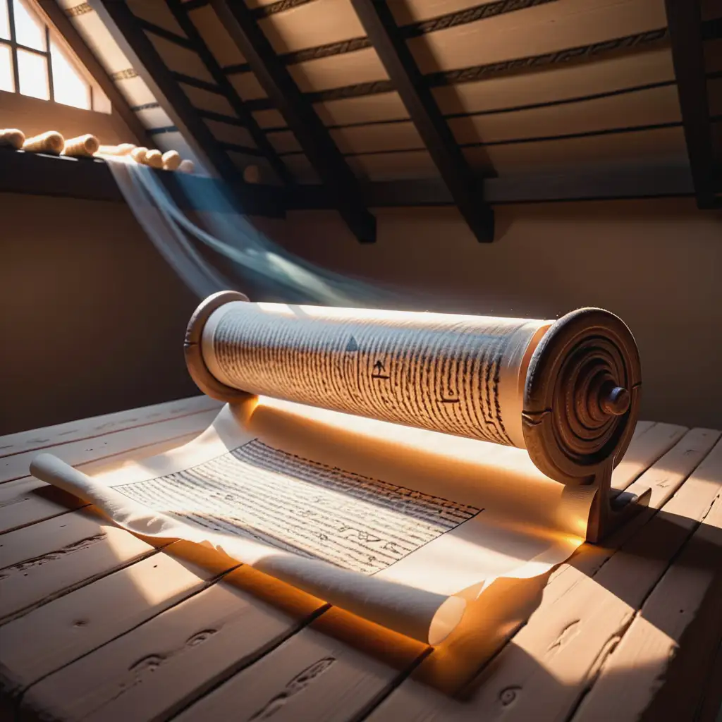 Egyptian scroll bathed in light and floating in the air of an attic









