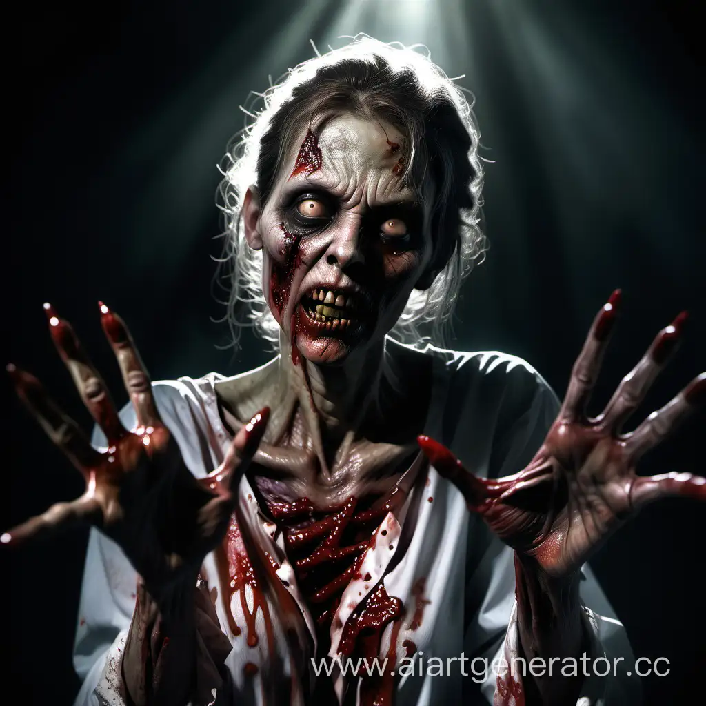 a creepy looking zombie woman with his  pointed clawed hands out in front of her, with a bloody face and hands out, realistic shaded lighting, photorealism, Dirk Crabeth, concept art