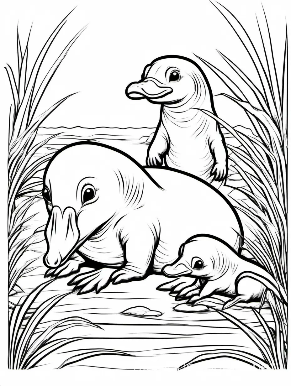 cute Platypus

 Foal and his son for kids, Coloring Page, black and white, line art, white background, Simplicity, Ample White Space. The background of the coloring page is plain white to make it easy for young children to color within the lines. The outlines of all the subjects are easy to distinguish, making it simple for kids to color without too much difficulty