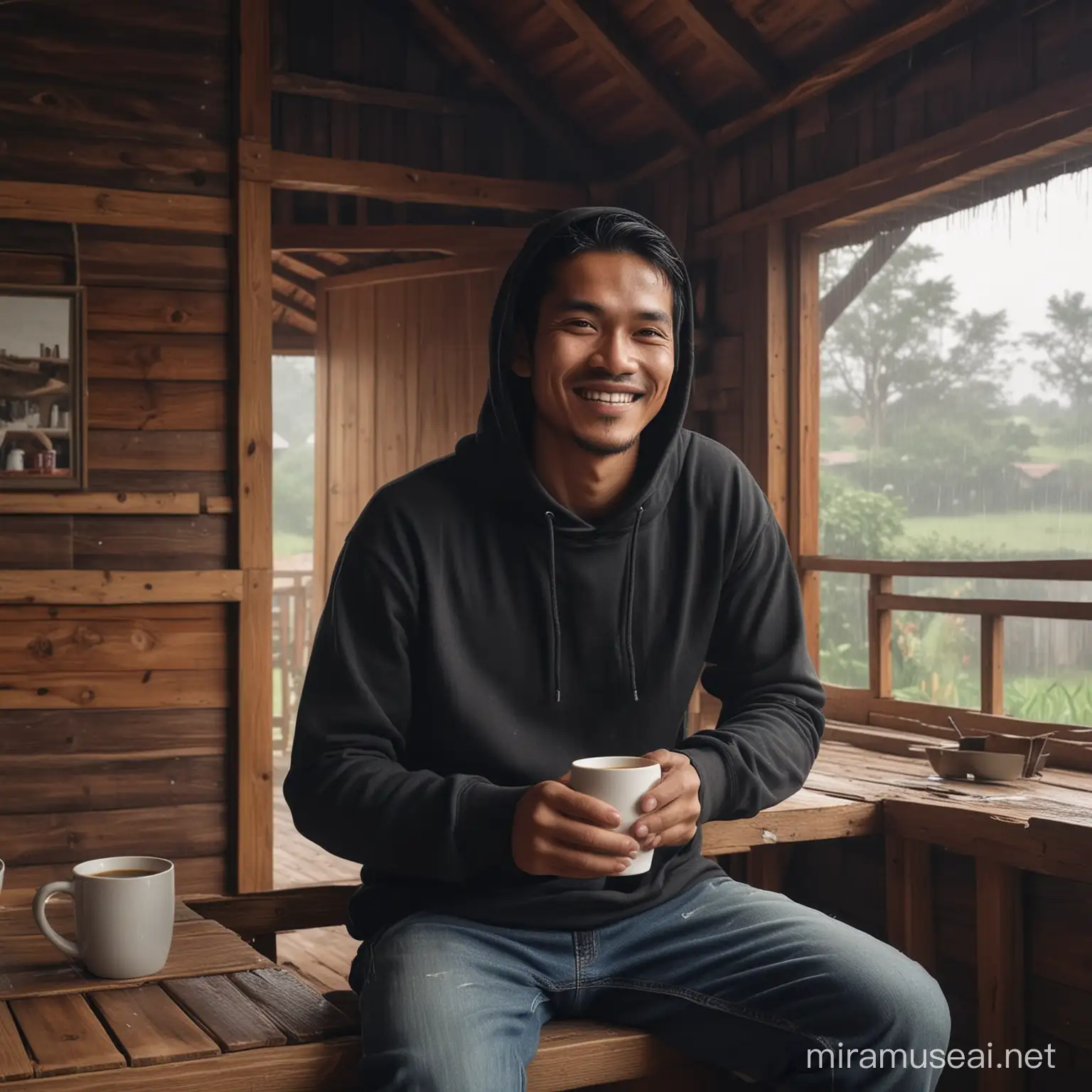 pria indonesia memakai hoodie hitam dan celana jeans sedang duduk di dalam rumah kayu dengan wajah tersenyum sambil menikmati secangkir kopi di rumah kayu khas pedesaan, suasana pagi hari yang hujan, realistic, UHD, 4K