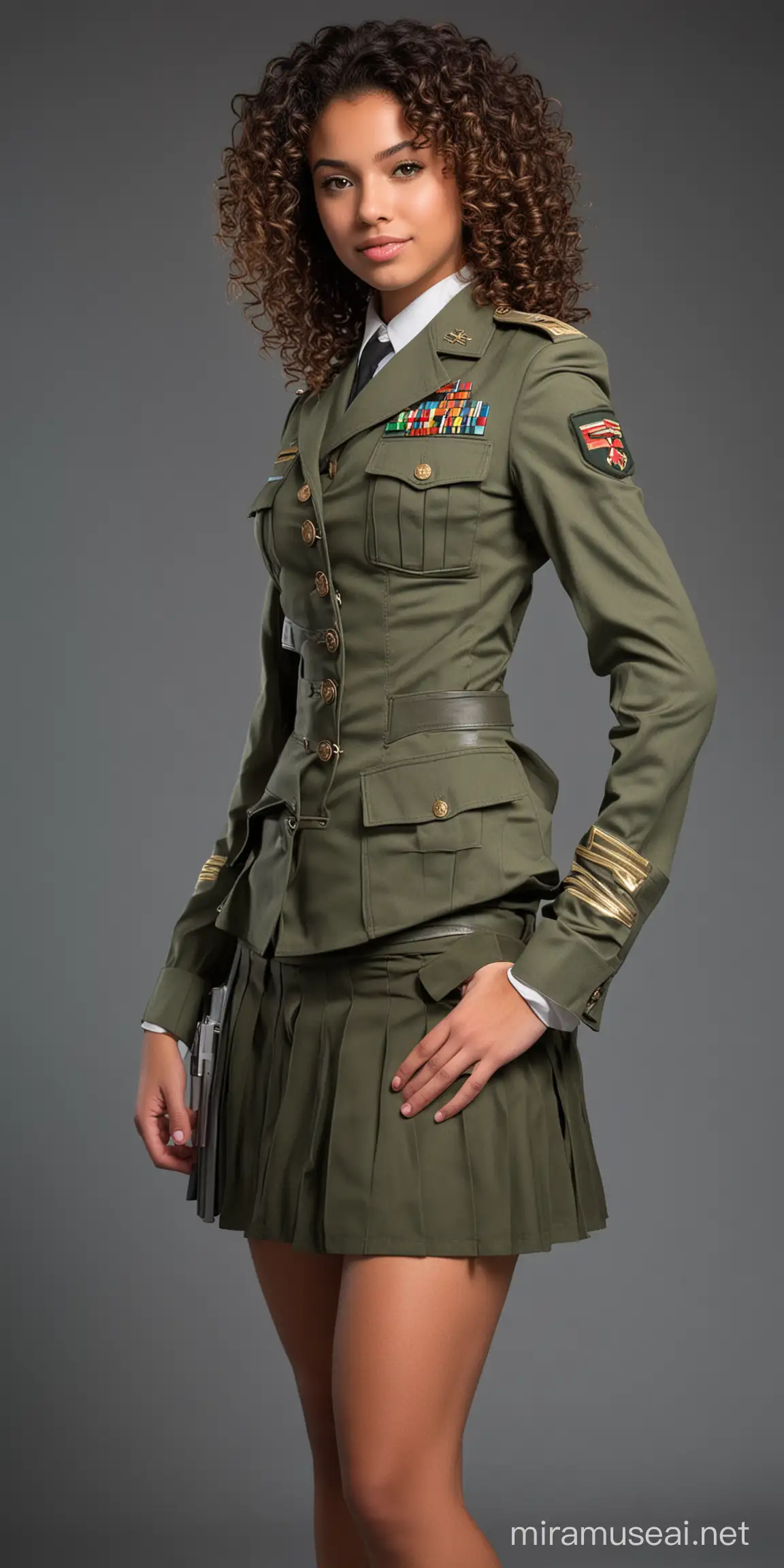 A 20-year-old giantess with dark skin and curly hair in military attire, including a military skirt, holding a shrink ray