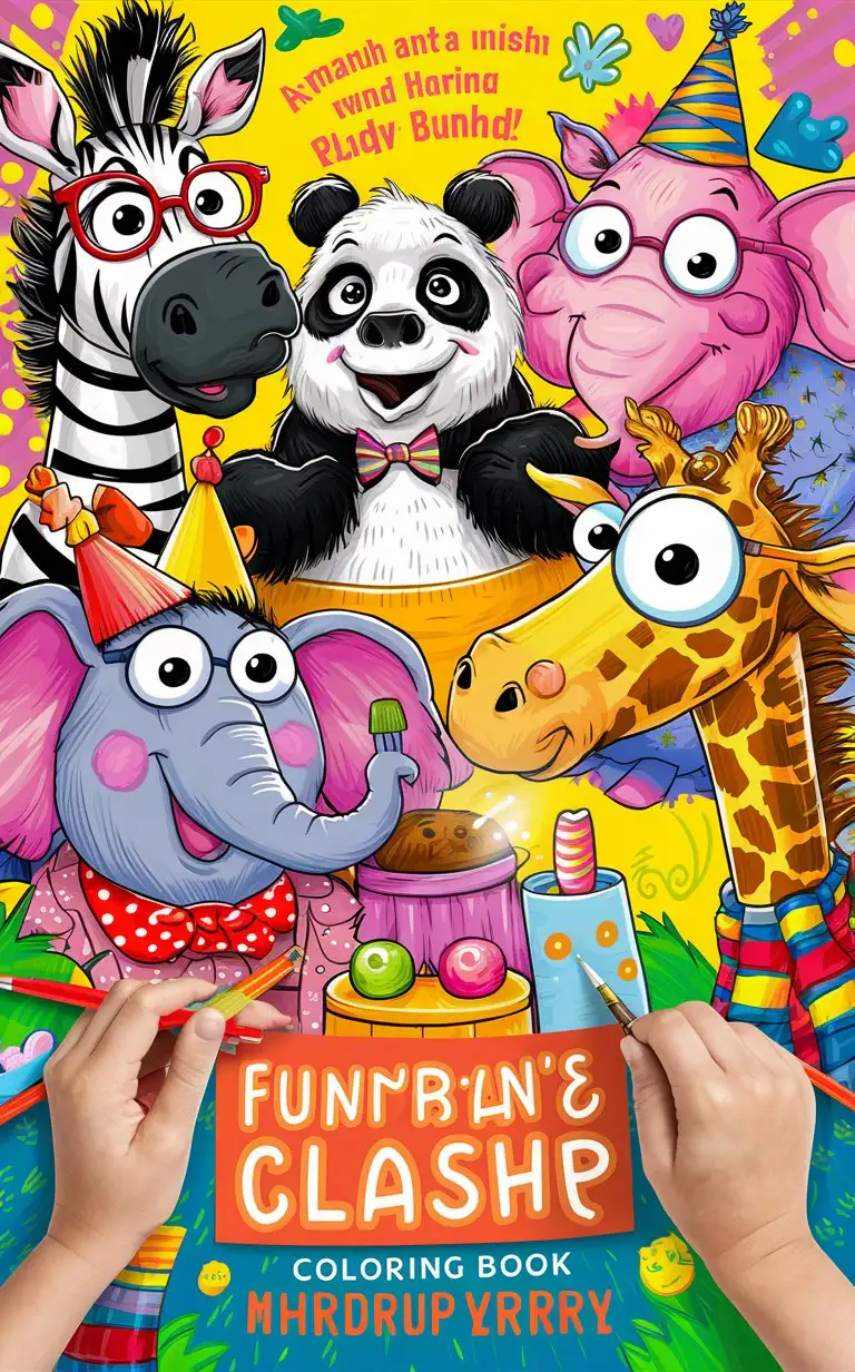 cover for colouring book for kids, funny animals, bright colours, Cartoon different real animals with large eyes and cheerful facial expressions, playing and having fun together, children's hands coloring or painting colorful animals.