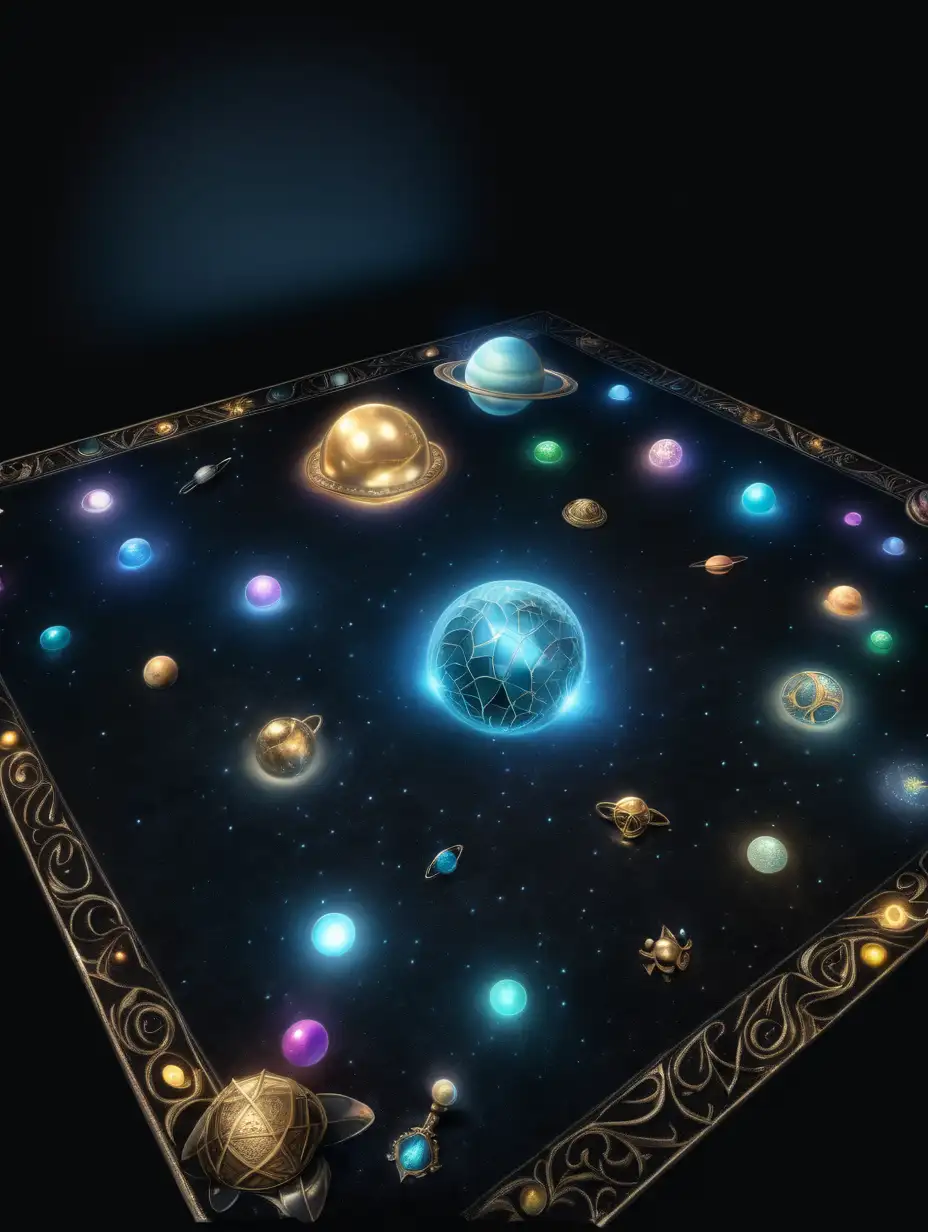 shrunken ground view of a floor, black background with shining lights, LED lights on the floor illuminating planets and treasure, ethereal, enosis, magical creatures