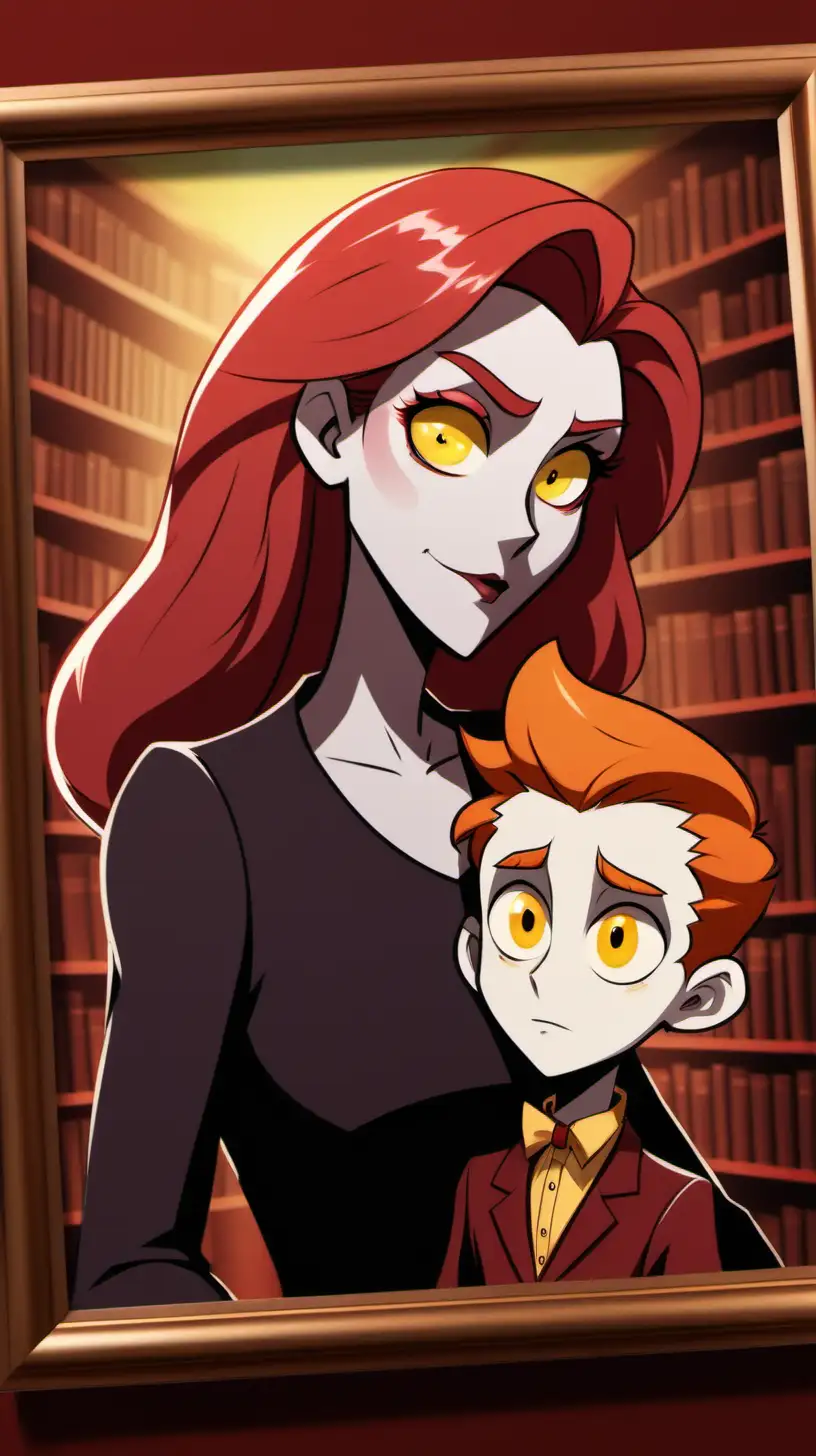 Elegant Family Portrait in Hazbin Hotel Style Mother and Son in Library Setting