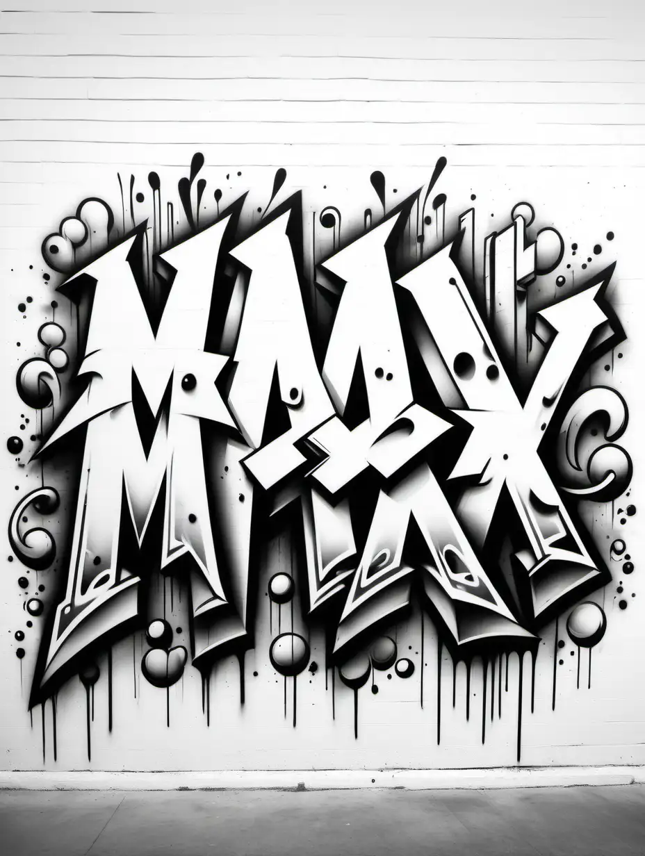 Create a graffiti colouring page, all white , black outline, no colour, graffiti art, with the word M A X ,on  white wall, no shading, low detail, white background , colouring page,graffiti art style 