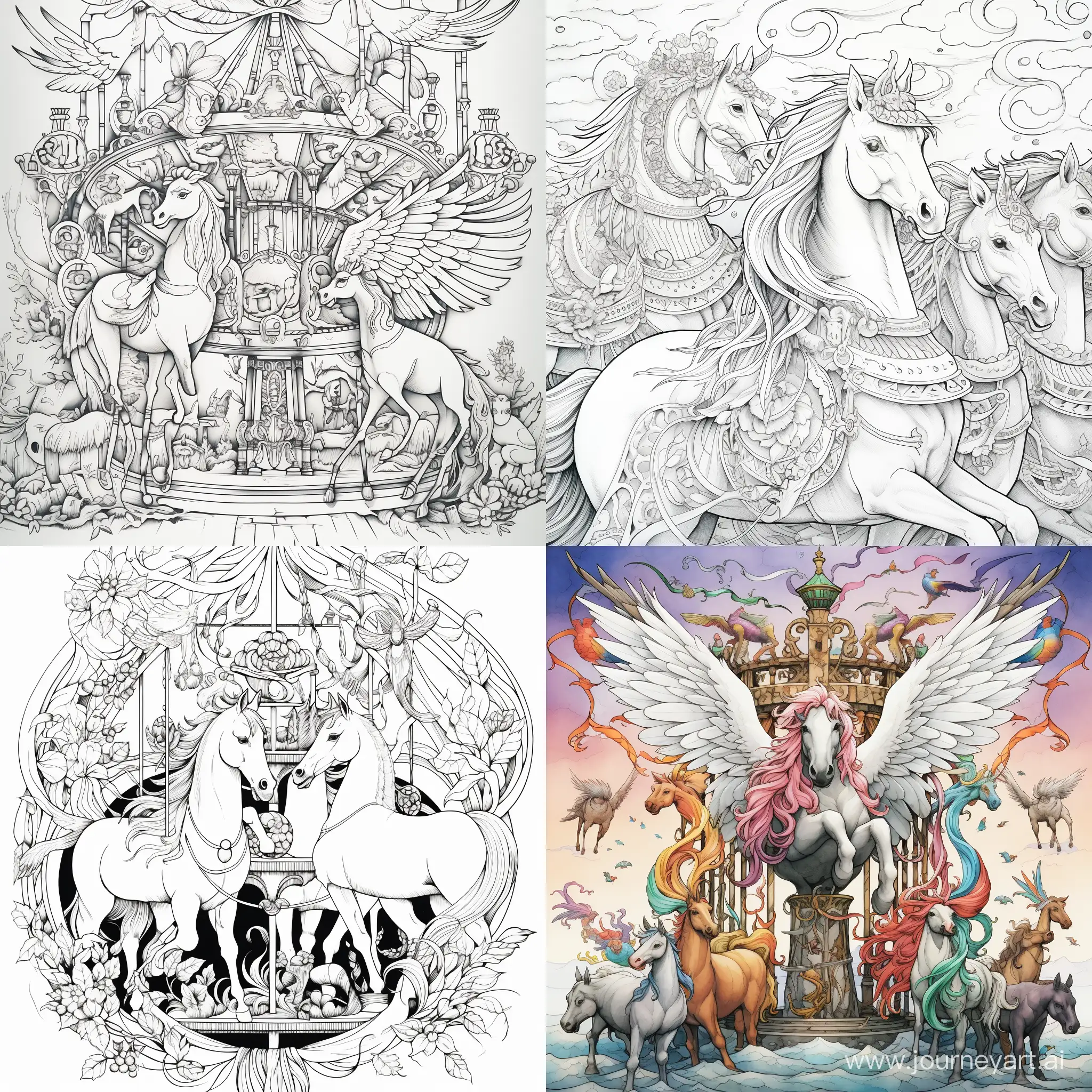 Create a simple coloring page featuring a carousel of creatures: unicorns, dragons, and griffins. Emphasize big, clear lines with no intricate details.