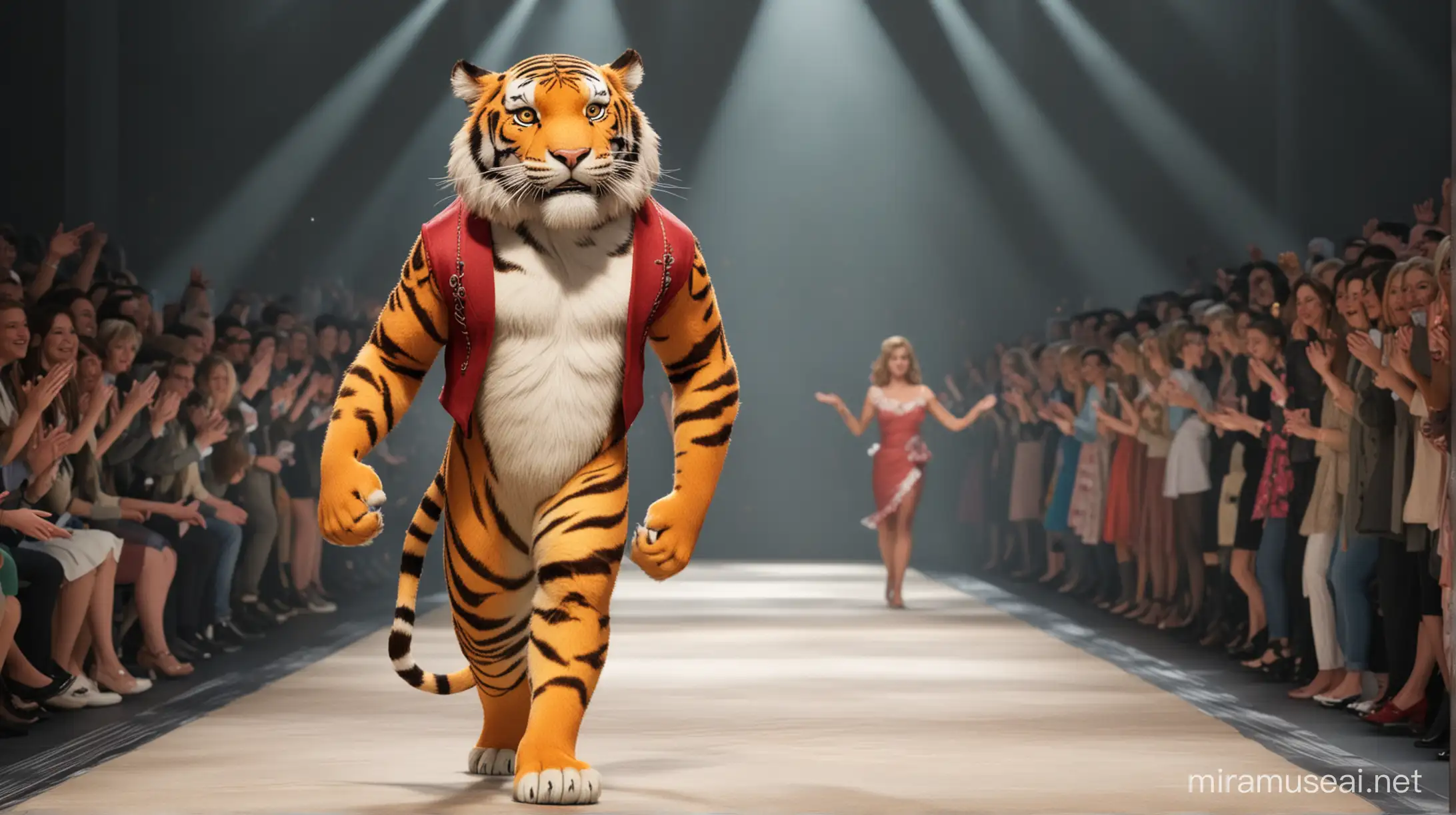 场景5：T台走步

镜头：瘦身成功后的老虎穿着时尚的服装，站在T型台上。老虎自信地走着步，眼神坚定，展示出自己新获得的自信和魅力。观众们爆发出热烈的掌声。请根据迪士尼动画制片