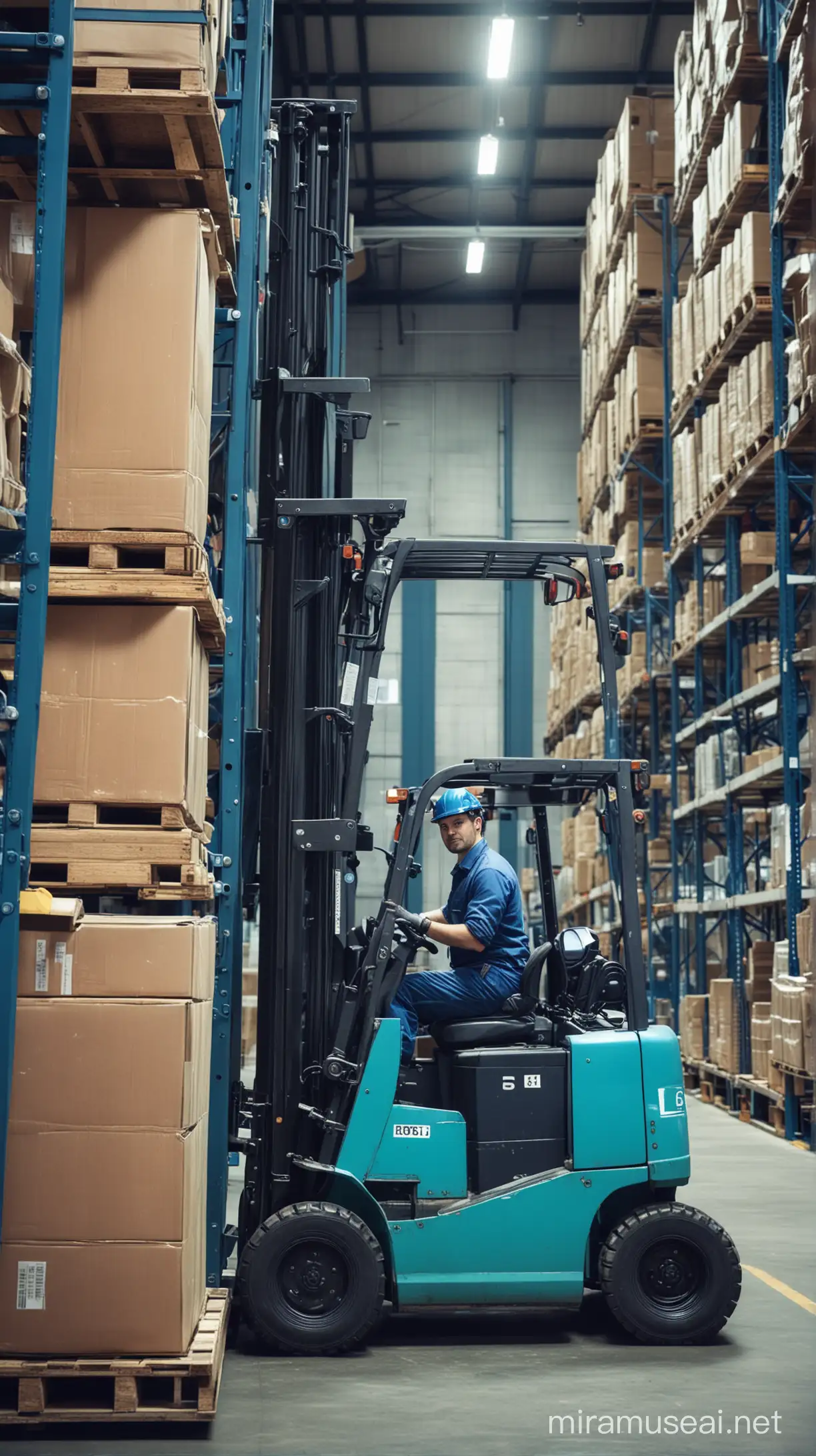 Blue Forklift Operator in Warehouse Industrial Equipment Handling