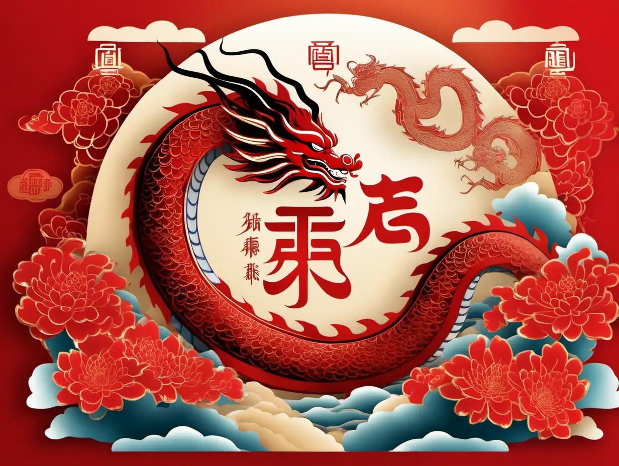 Happy Chinese New Year, Year of Dragon, Han Meilin style, Zhang Daqian style, happiness, greetings, best wishes, to Muslim friends, no Chinese characters, Year of 2024, 