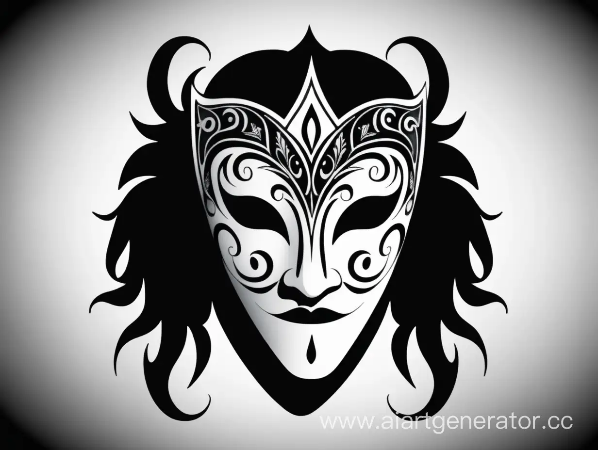 White sad theatrical sinner mask with black pattern on black background