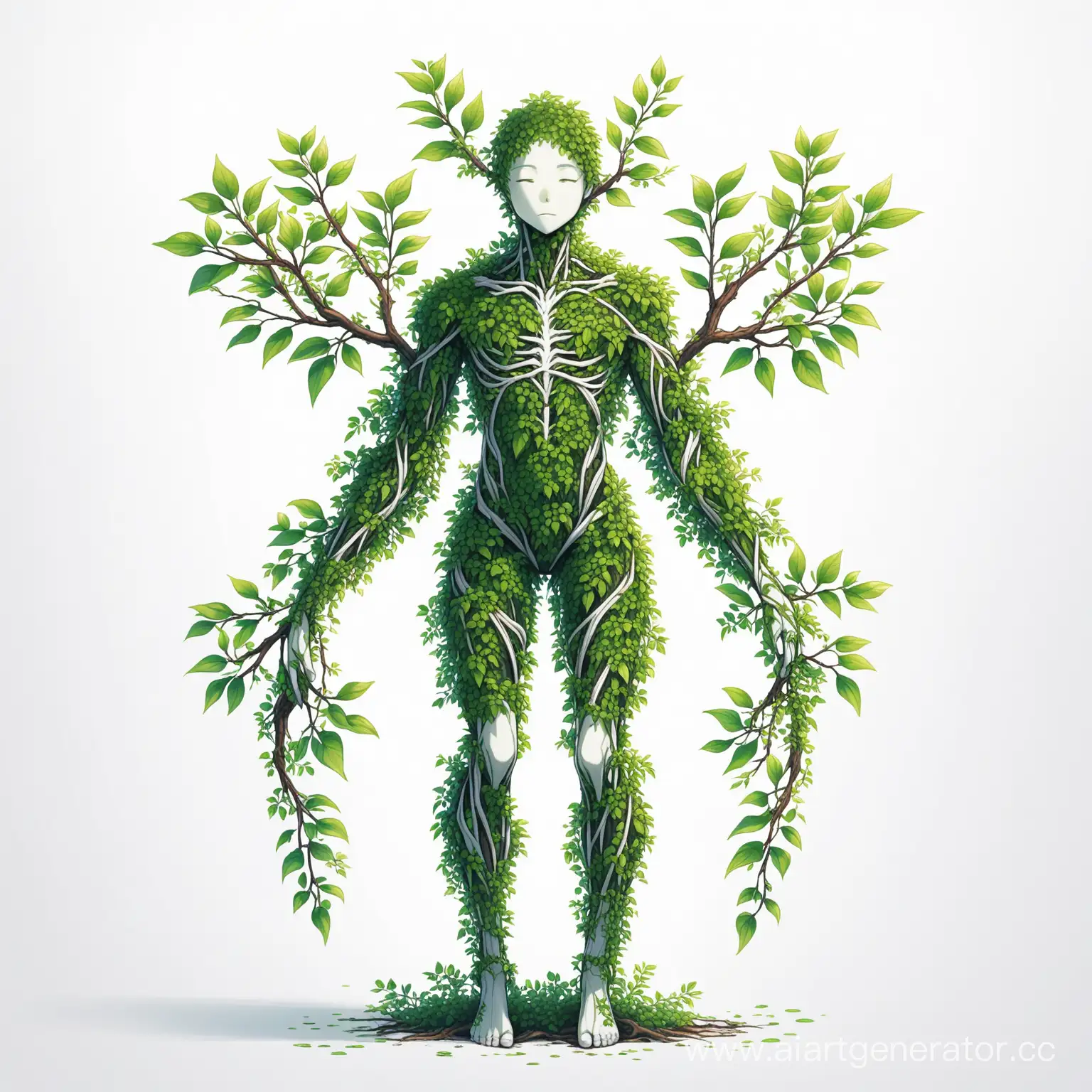 человек-растение с ветвями вместо рук и ног на белом фоне