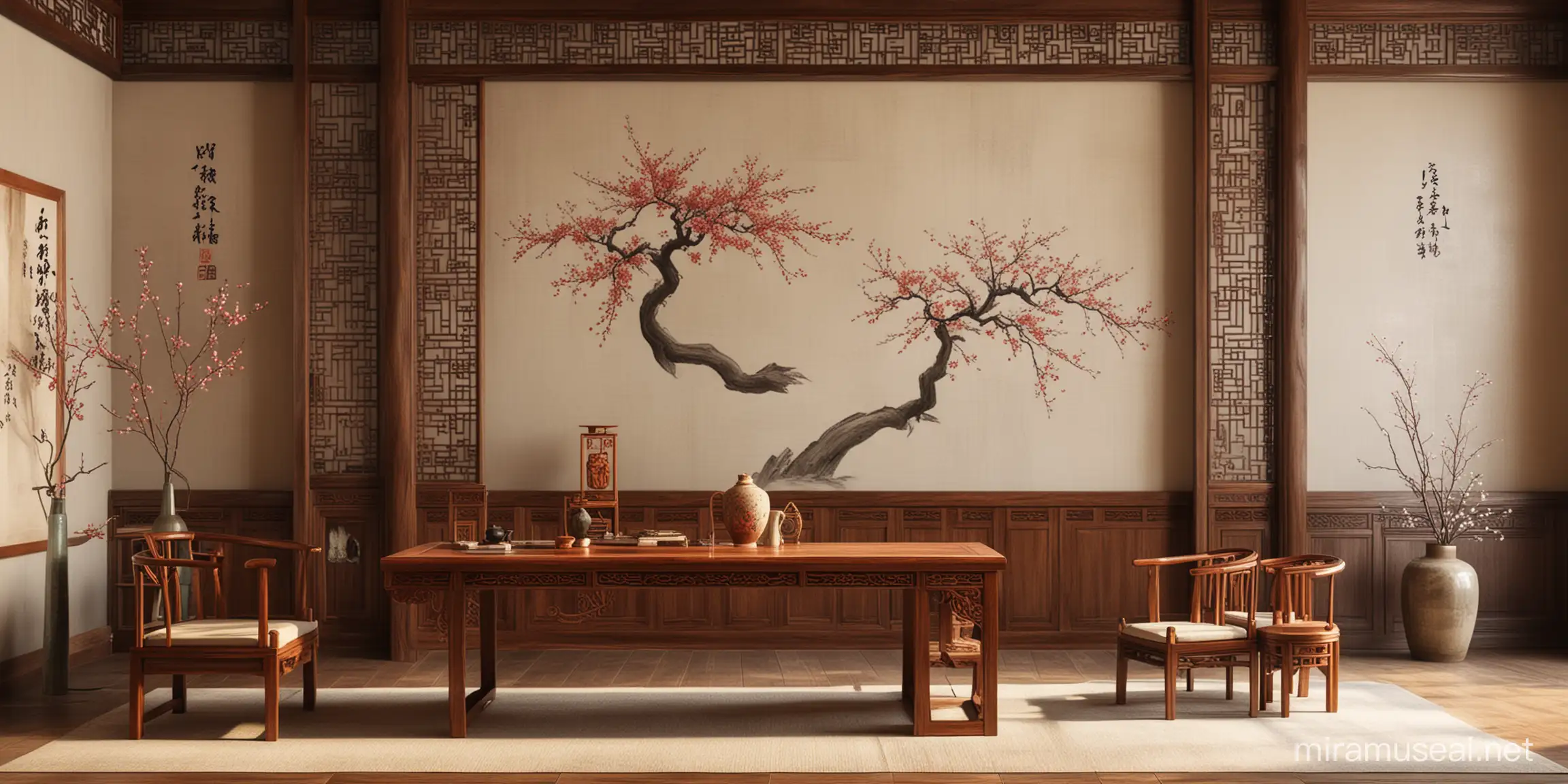 Ancient Chinese backdrop, a vividly colored wooden table，Ancient Interior design,study room，wall decorations feature a traditional ancient Chinese style.