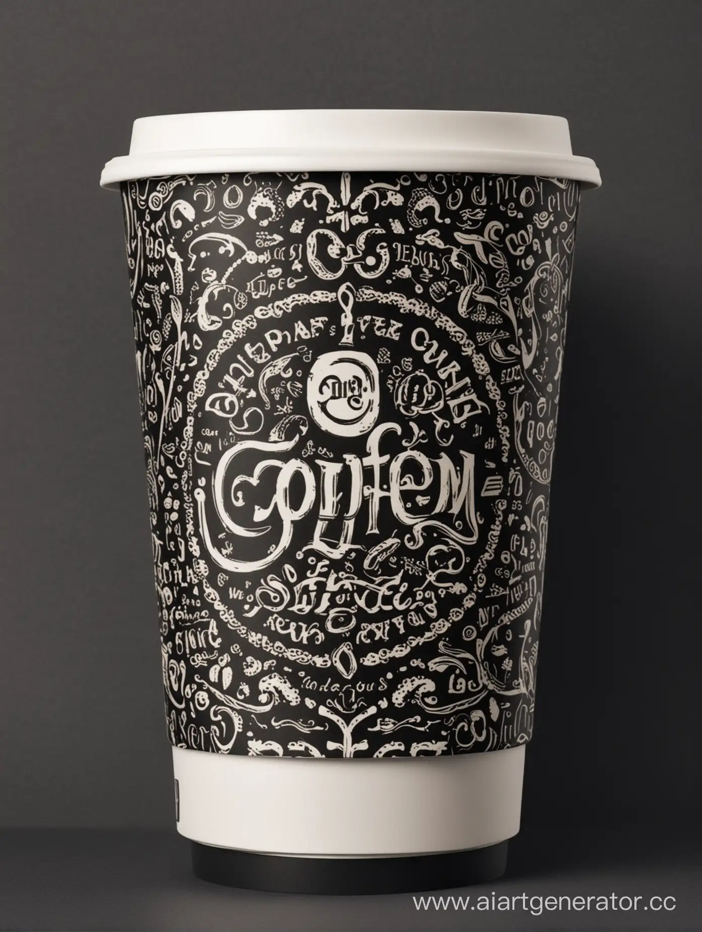 На бумажном кофейном стакане круглое лого, узоры в испанском стиле, основной цвет чёрный, ультрареализм