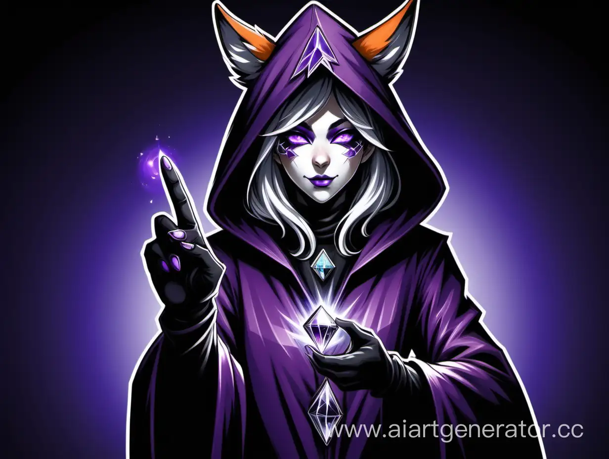 A purple female magician with a hood covering his face from under which only white eyes are visible and the rest is black, a hole in the hood in the form of a diamond, and he also with fox ears and a fox tail, poses showing a peace sign with one hand.