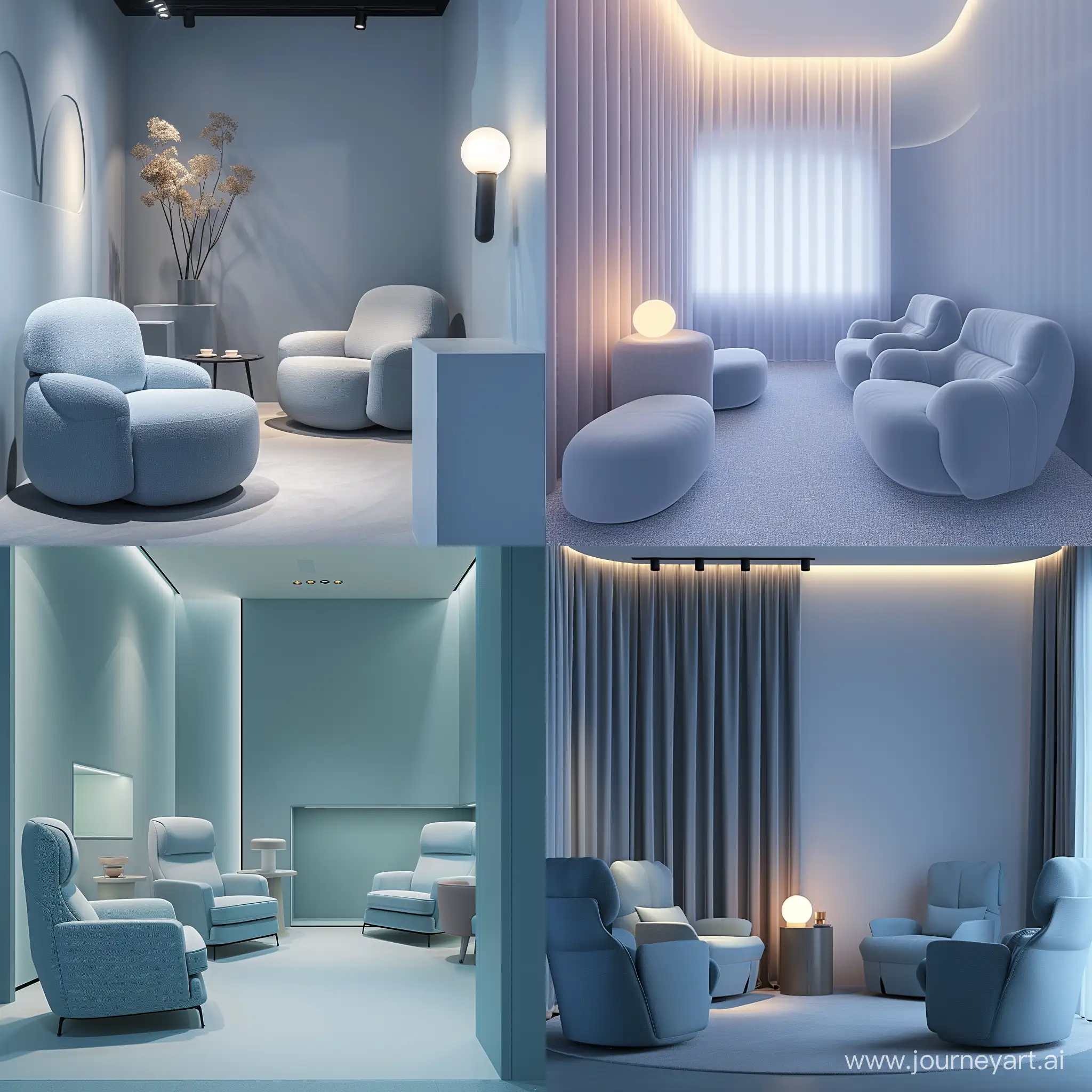 imagine an image of Private Viewing Room (6.75 sqm) of kids chair showroom: The Private Viewing Room offers a tranquil retreat in soft blues or greys, furnished with comfortable, sustainable seating. The room features adjustable lighting, perfect for both relaxed discussions and detailed examination of chairs.realistic style