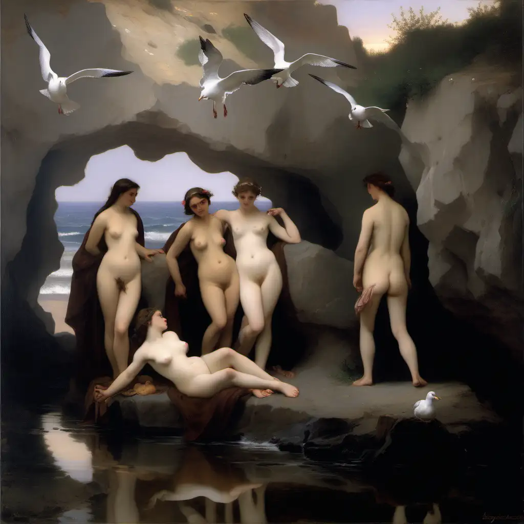 Bouguereau Three Nude Muses in Cave Sunset Seaside Serenity with Seagulls