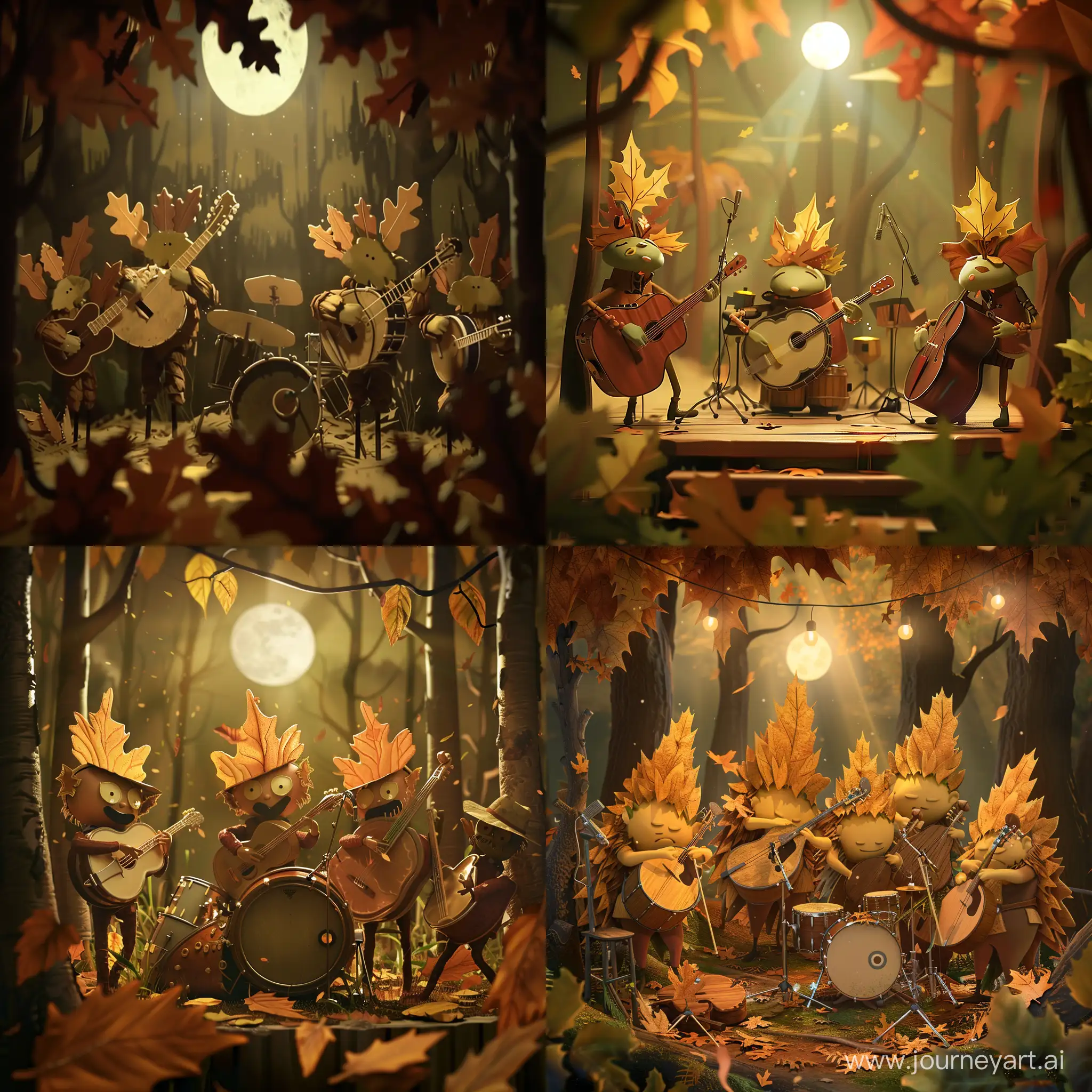 A 2D animation of a folk music band composed of anthropomorphic autumn leaves, each playing traditional bluegrass instruments, amidst a rustic forest setting dappled with the soft light of a harvest moon. --v 6 --ar 1:1 --no 90623