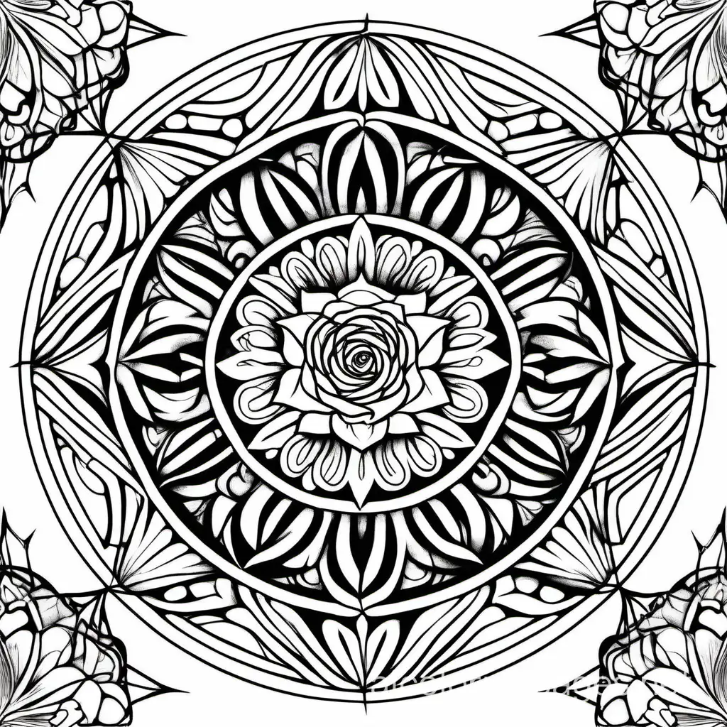 Intricate, delicate mandalas of roses with the thorny vines merging to form dreamcatcher patterns, depth, epic shading, crisp lines, adult, Coloring Page, black and white, line art, white background, Simplicity, Ample White Space. The background of the coloring page is plain white to make it easy for young children to color within the lines. The outlines of all the subjects are easy to distinguish, making it simple for kids to color without too much difficulty, Coloring Page, black and white, line art, white background, Simplicity, Ample White Space. The background of the coloring page is plain white to make it easy for young children to color within the lines. The outlines of all the subjects are easy to distinguish, making it simple for kids to color without too much difficulty